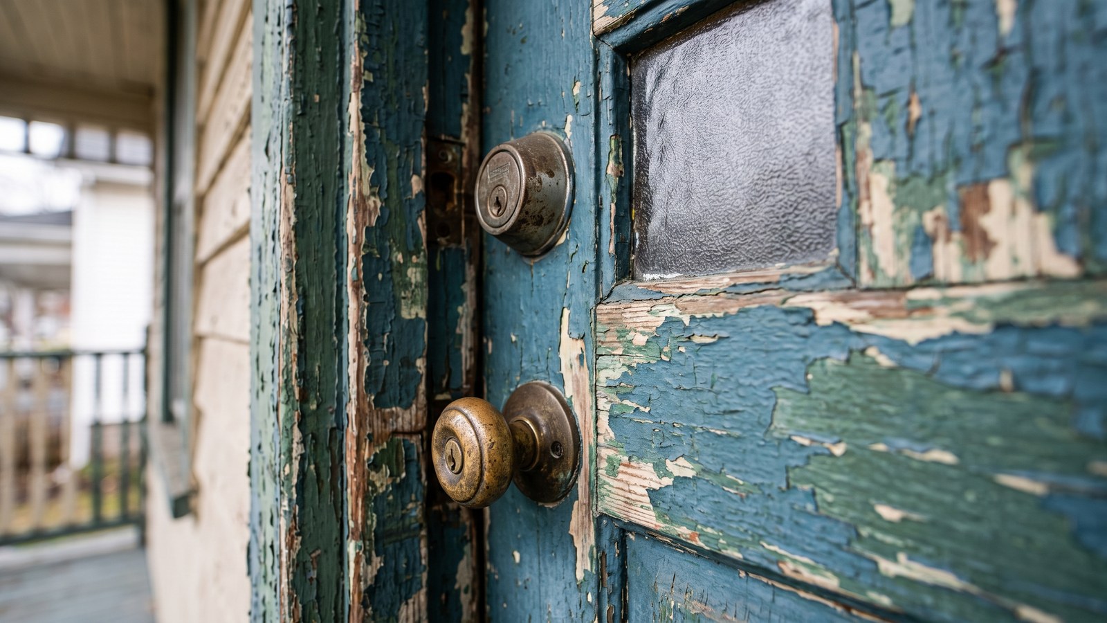 A close view of the wooden front door of an older house with a worn brass handle, a deadbolt and paint chipped to show the layers beneath