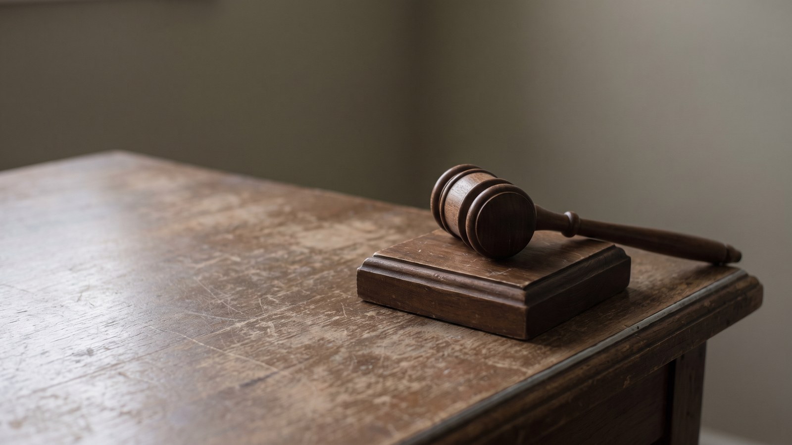 A plain wooden gavel resting on its round sound block at the end of a bare wooden table