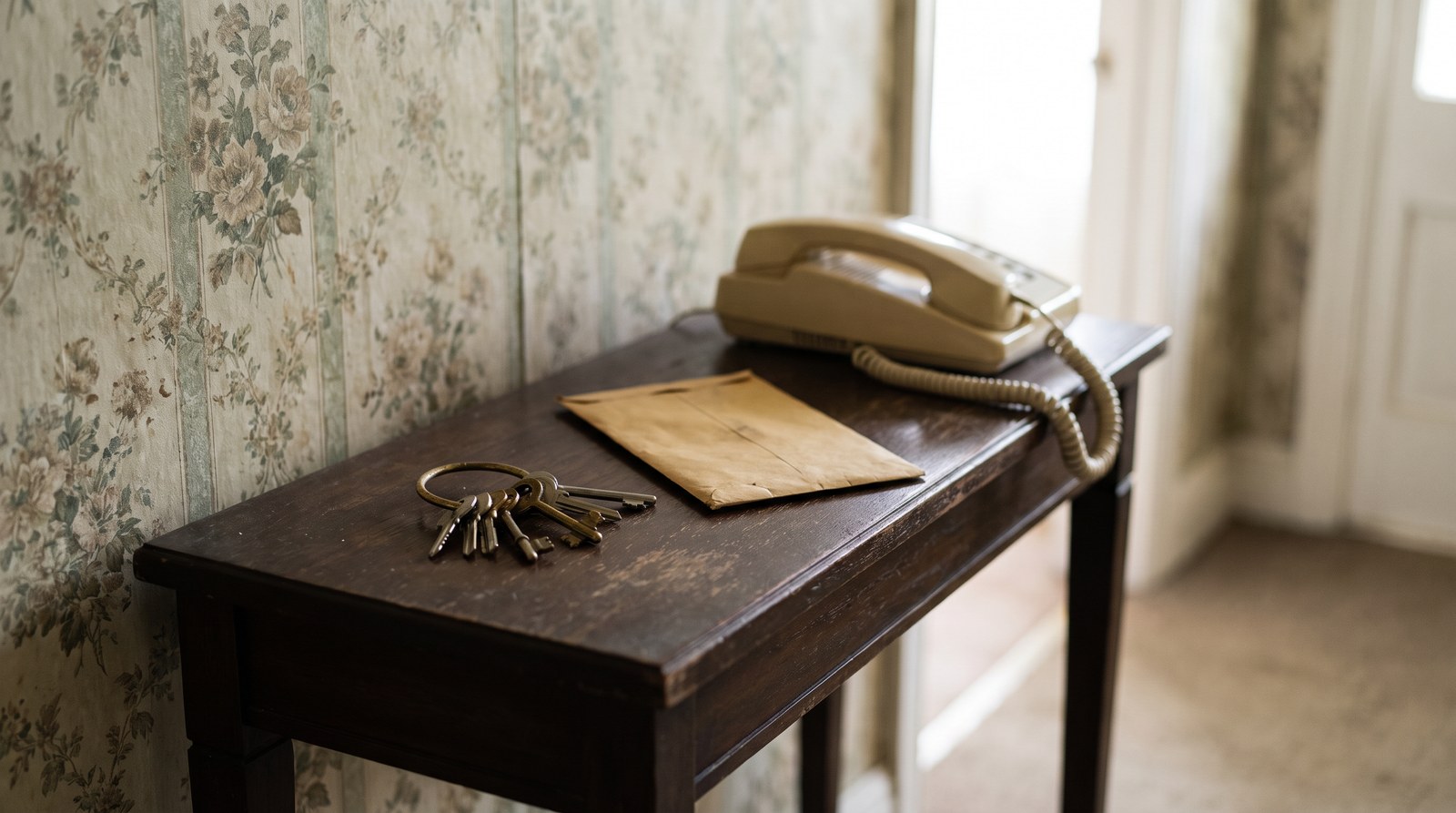 A narrow hall table in an older person's home with a ring of house keys, a plain envelope and a corded beige landline telephone