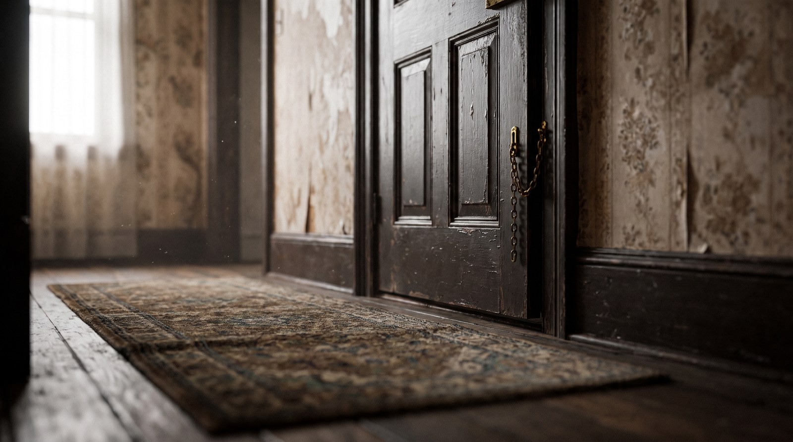 A panelled wooden door standing slightly ajar with a loose brass chain lock, seen from an older house hallway with a worn runner rug beyond