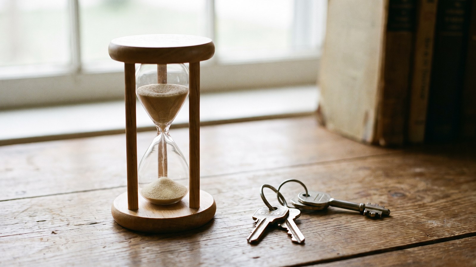 A wooden hourglass with sand running on a desk beside two sets of house keys on separate rings, in soft window light