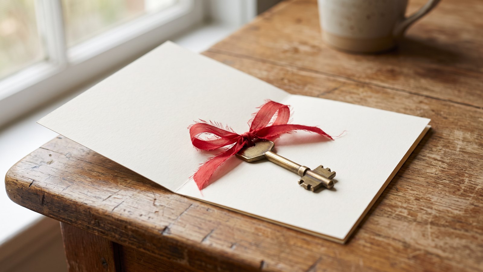 A single brass house key tied with a thin red ribbon resting on an open blank cream card on a wooden table in soft light