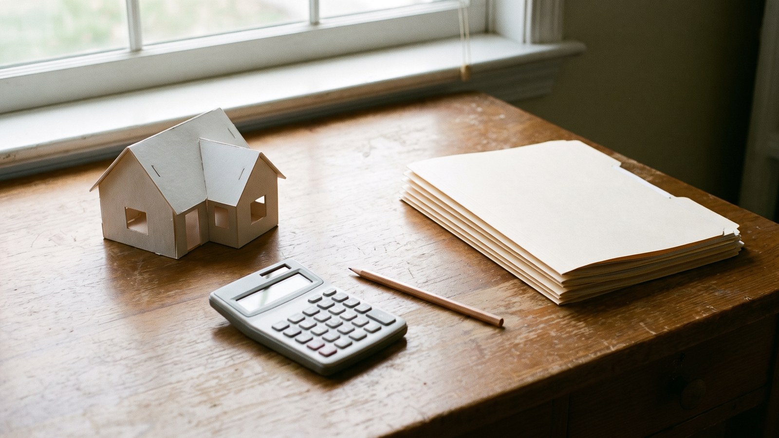 A wooden desk with a small white architectural model of a house, a plain calculator, a pencil and a stack of blank manila folders in soft window light
