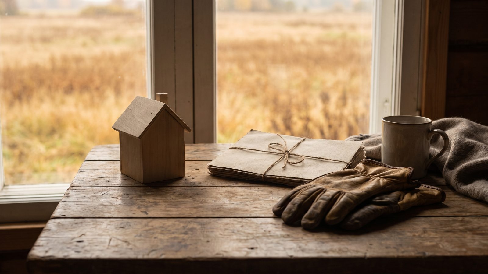 A small wooden house model, a twine-tied bundle of paper, work gloves and a mug on a farmhouse table by a window overlooking autumn fields