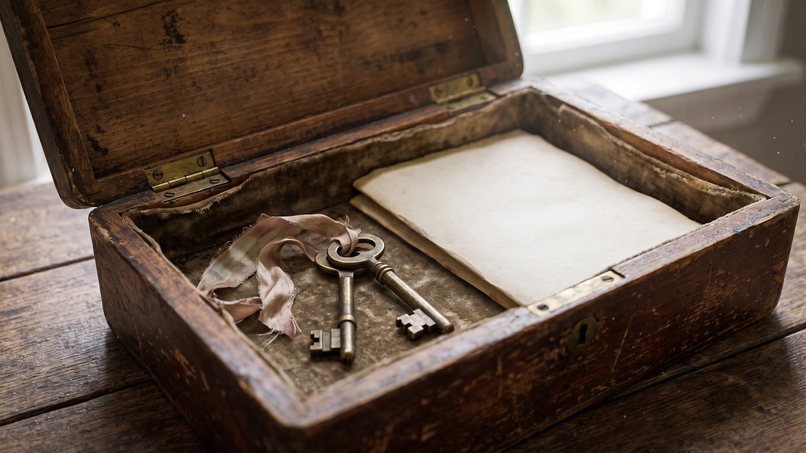 An old wooden keepsake box with its lid open, holding two antique brass house keys tied with a faded ribbon and a folded blank sheet of paper