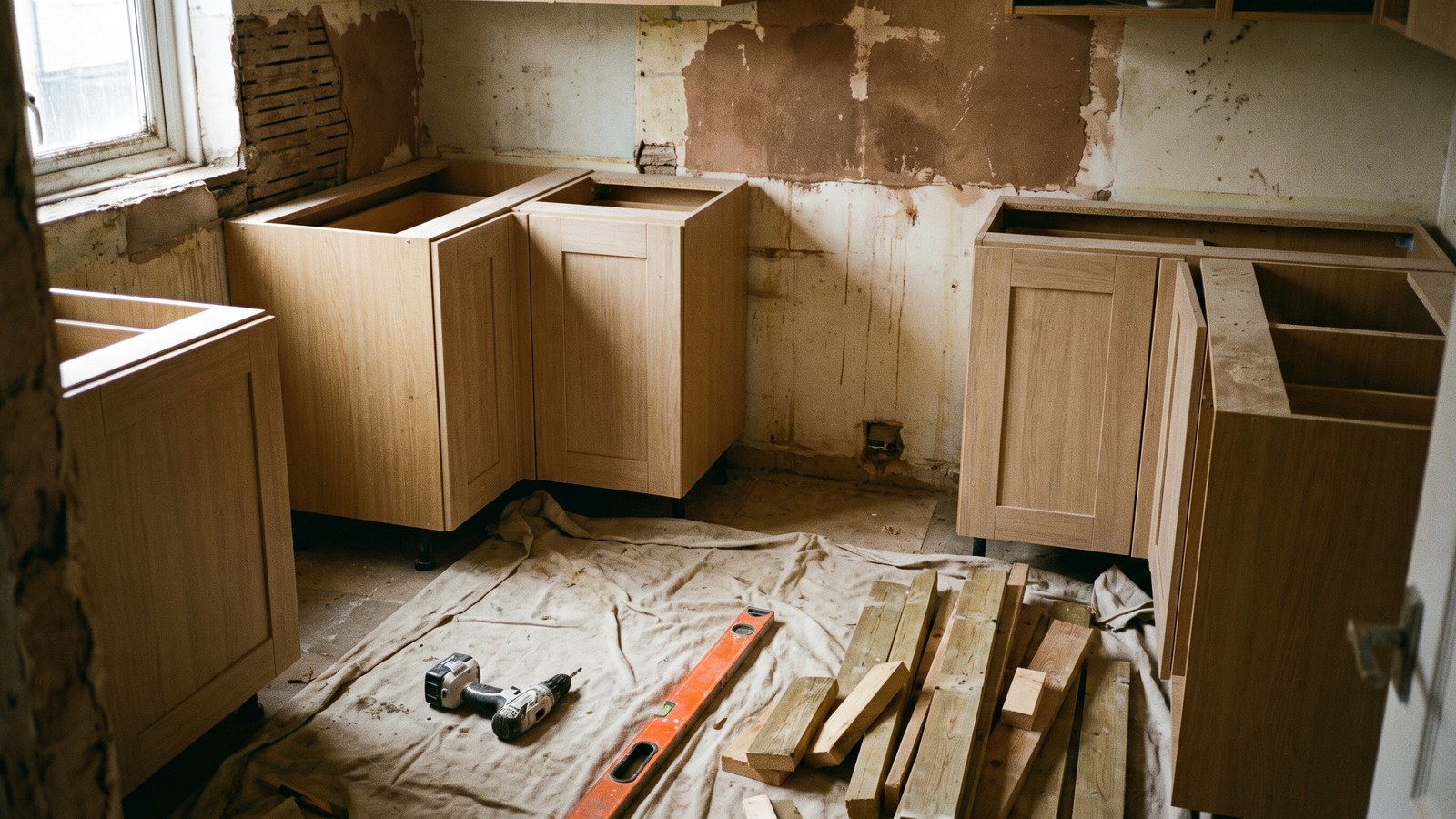 A kitchen mid-renovation with new unfinished cabinet bases, stripped plaster walls, a cordless drill and a spirit level on a drop cloth