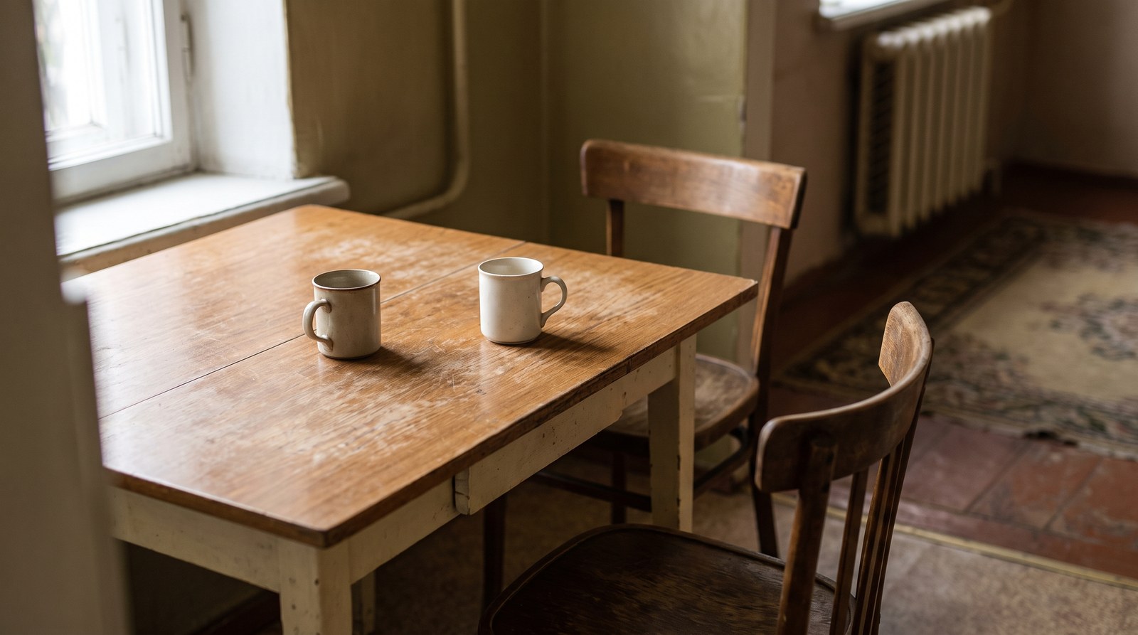A small plain kitchen table with two wooden chairs pulled slightly out and two empty ceramic mugs left on the worn wooden surface in morning light