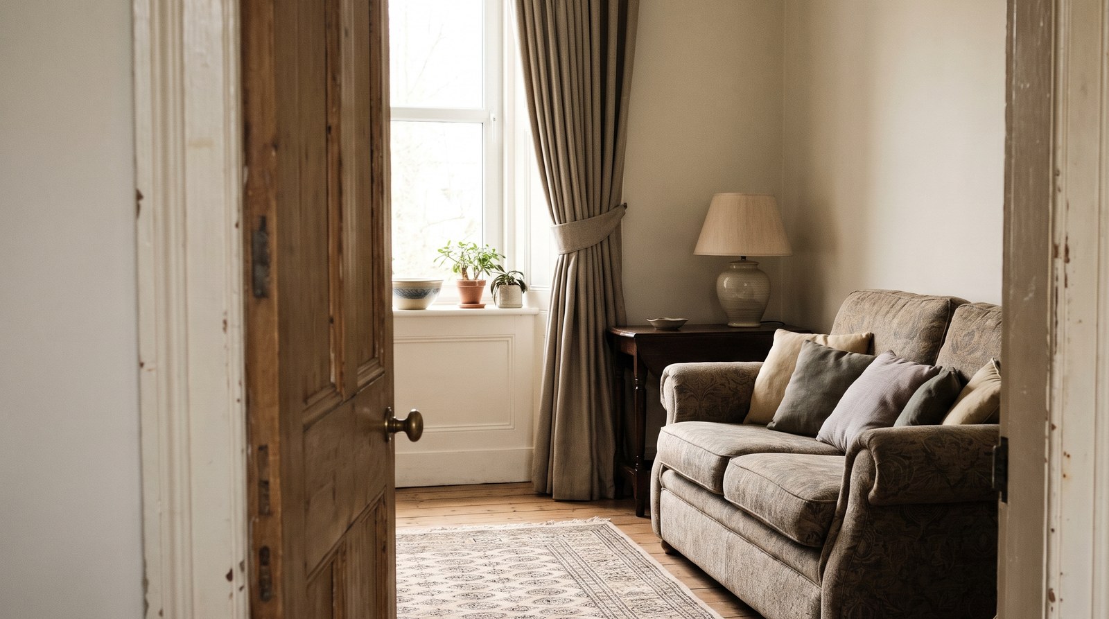 A modest lived-in living room seen through an open doorway, with a sofa, a side table and curtains drawn back at a sunlit window