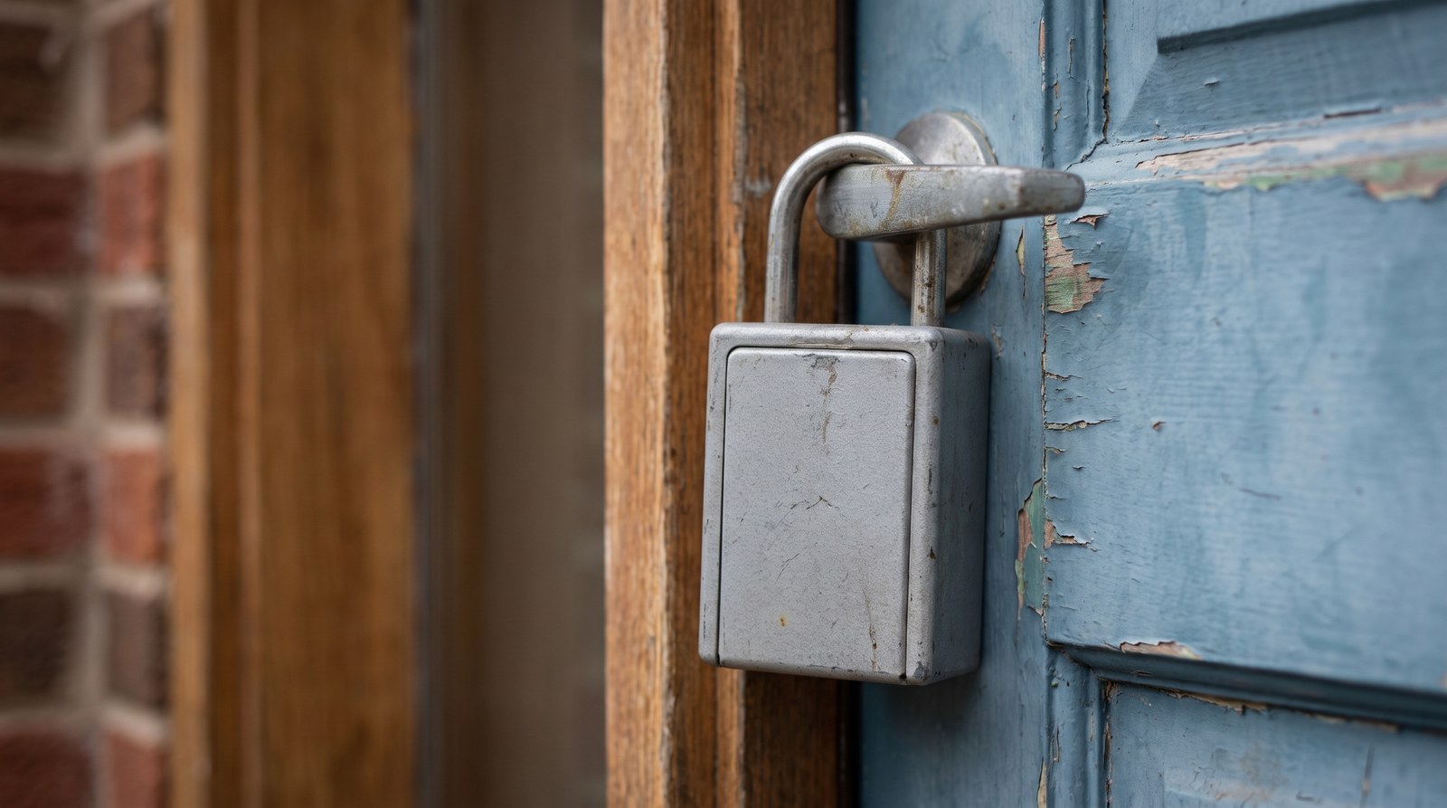 A plain grey metal real estate lockbox hanging from the lever handle of a weathered painted front door
