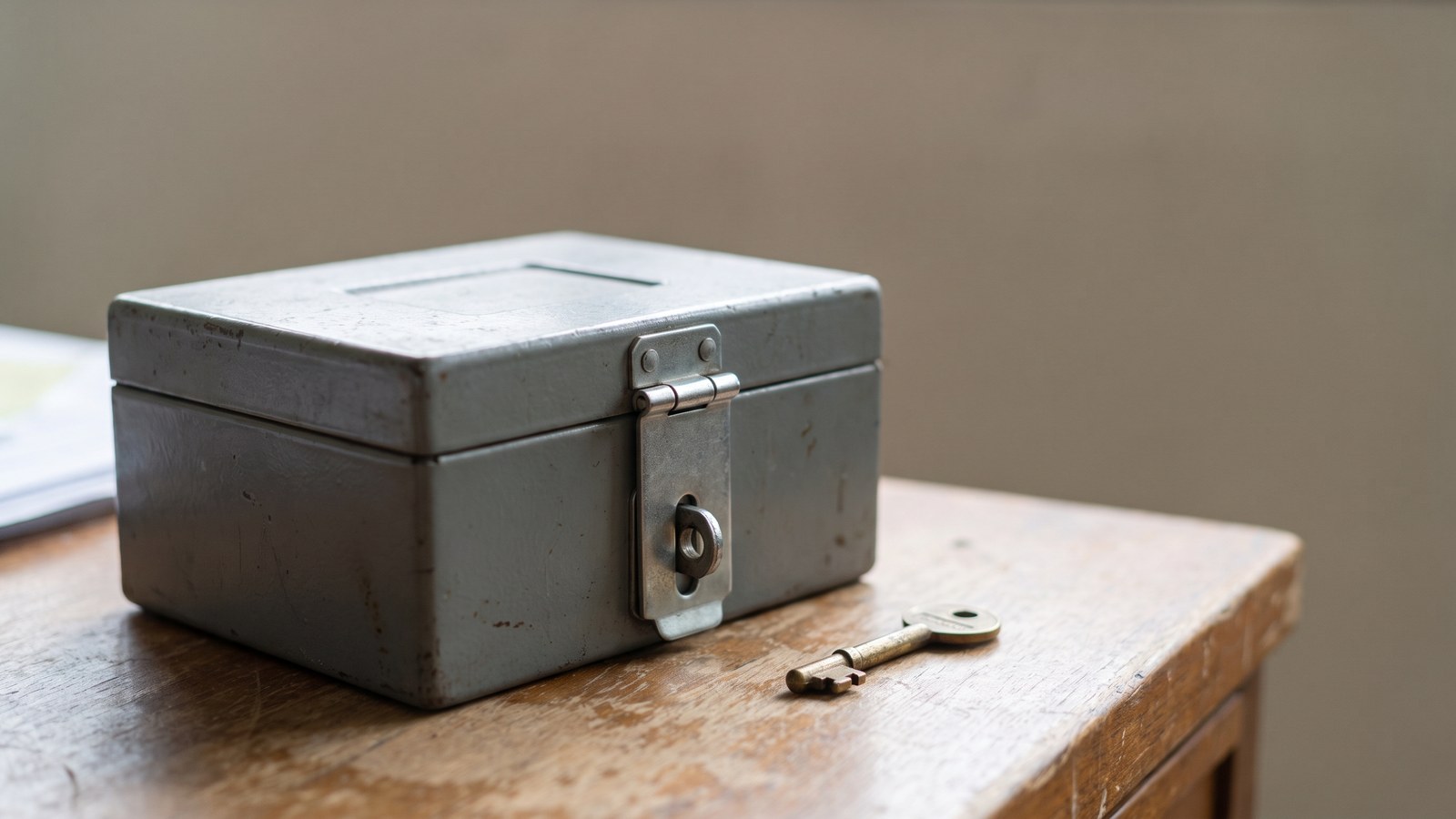 A small grey steel lockbox with a closed hasp on a plain desk beside a brass key