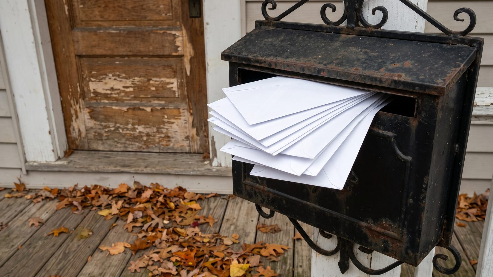 An old black mailbox on a porch post beside a worn front door, stuffed with plain white envelopes, with autumn leaves on the porch