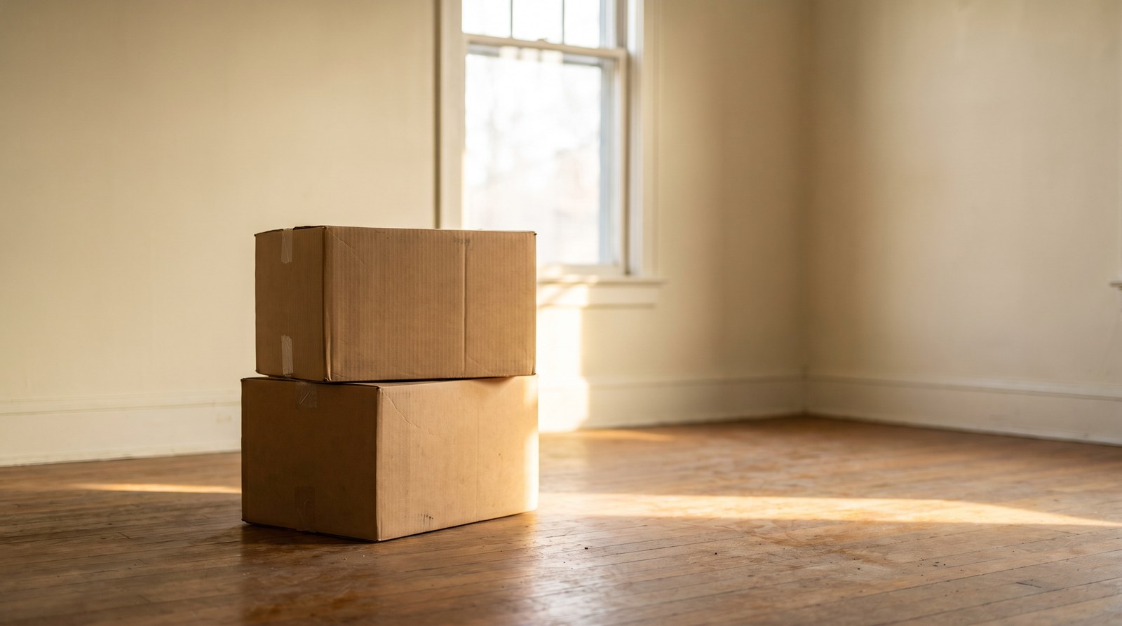 Two plain cardboard moving boxes stacked on bare hardwood floor in an empty sunlit room with a shaft of afternoon light across them