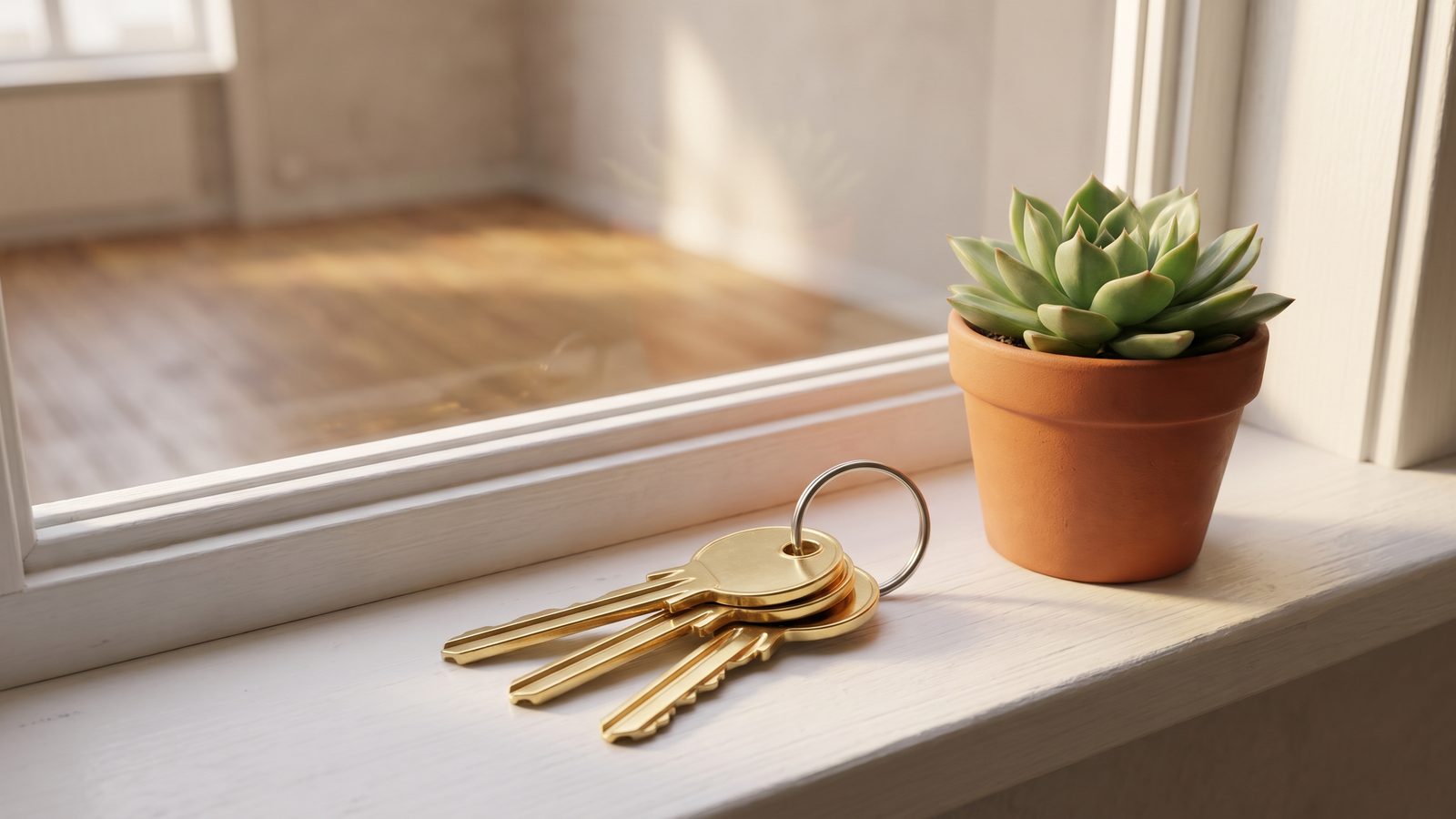 A ring of new brass house keys on a sunny white windowsill beside a small potted succulent, with an empty room behind