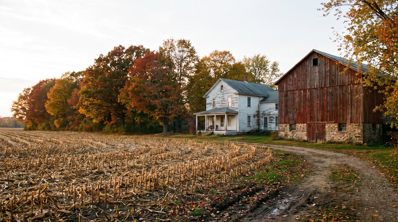 An older white farmhouse and a weathered red barn beside a harvested cornfield with stubble rows and a tree line in fall colors
