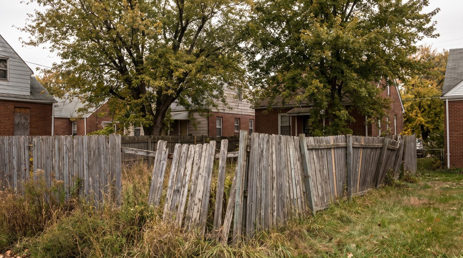 An old weathered wooden fence running along a property line between two grassy back yards with leaning posts and long grass at the base
