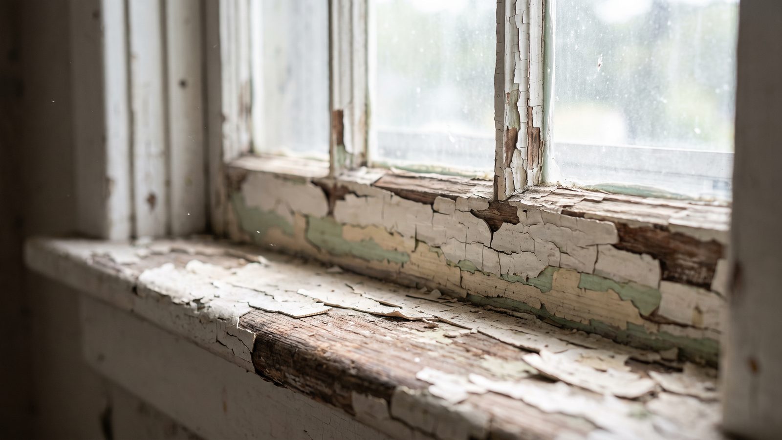 An old wooden window frame and sill with layers of chipped, peeling paint in soft daylight