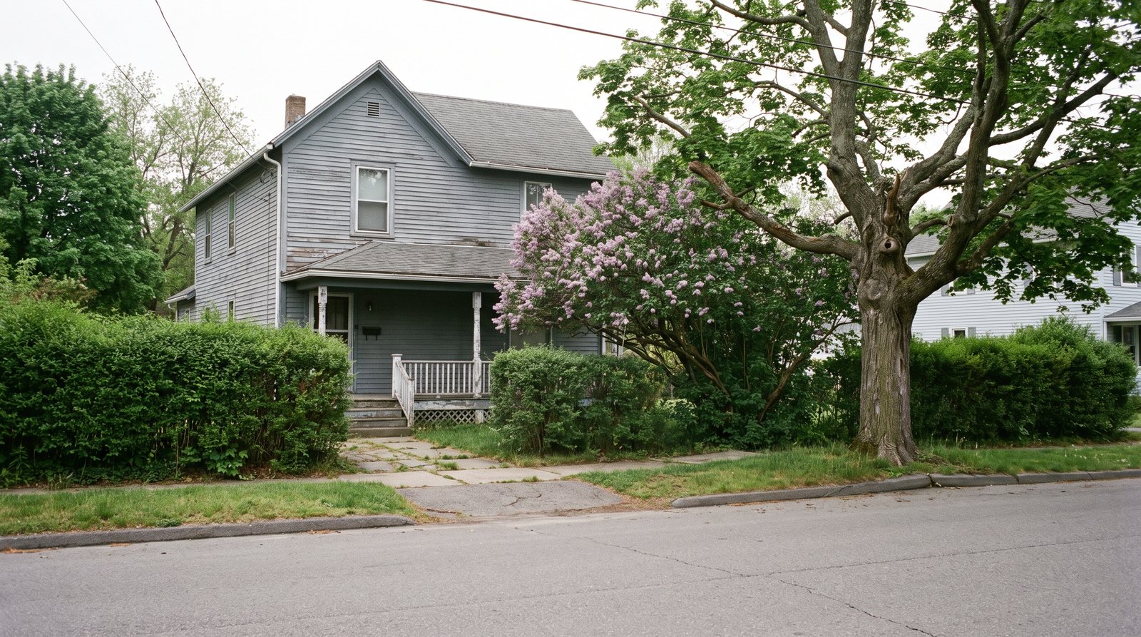 An older grey clapboard two-storey house with a covered front porch, a flowering lilac and a large mature tree beside the front walk