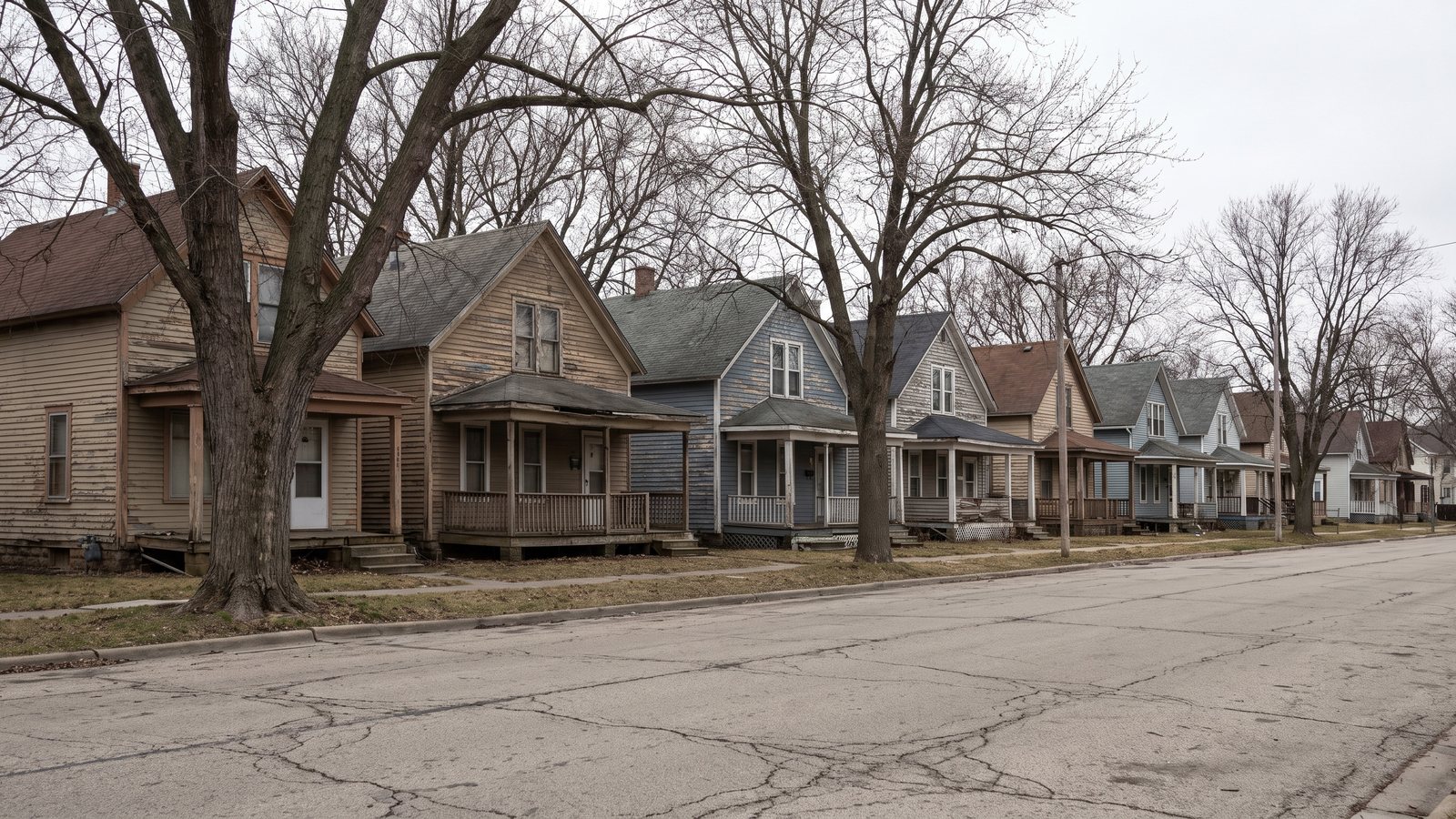 A row of modest early twentieth century wood-frame houses on a quiet residential street with small front porches and mature trees