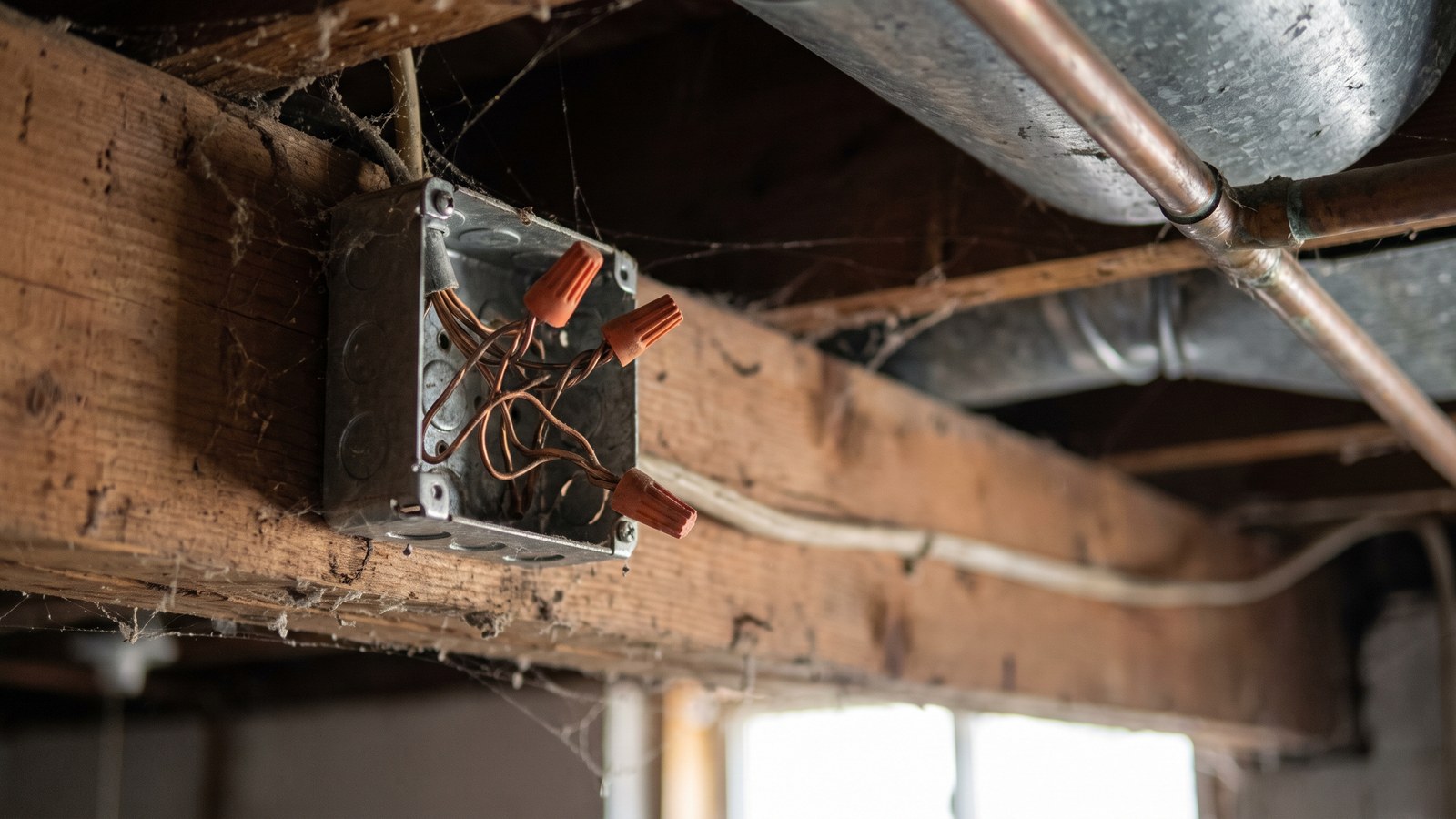 An electrical junction box fixed to a basement joist with its cover plate missing and wire connectors visible inside