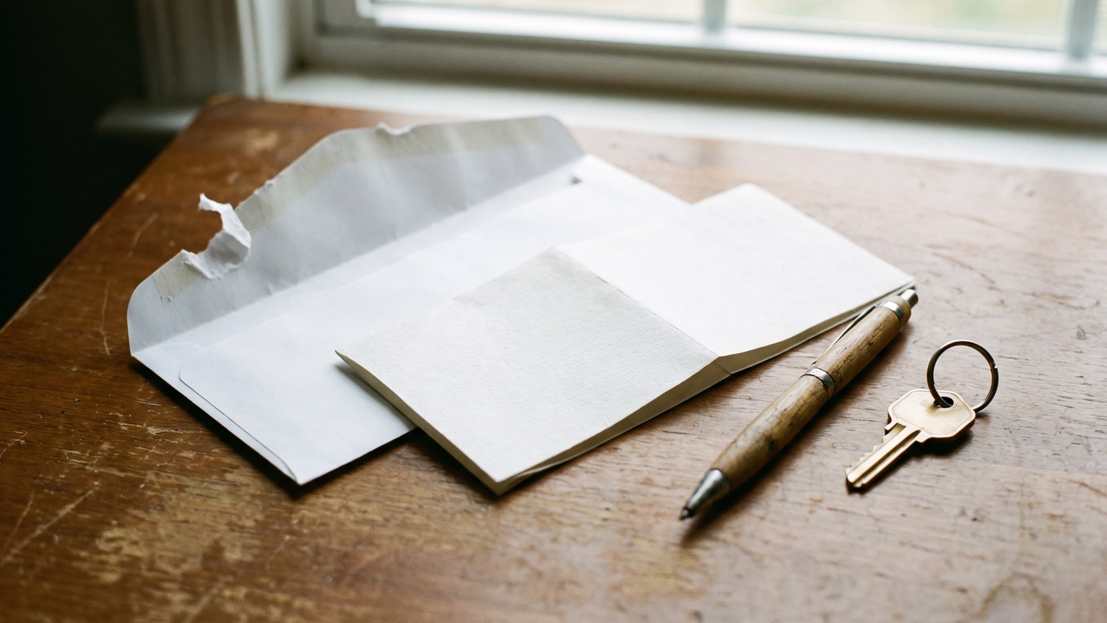 An opened plain white envelope, a folded blank sheet of paper, a wooden pen and a house key on a simple ring lying on a worn wooden desk in soft window light