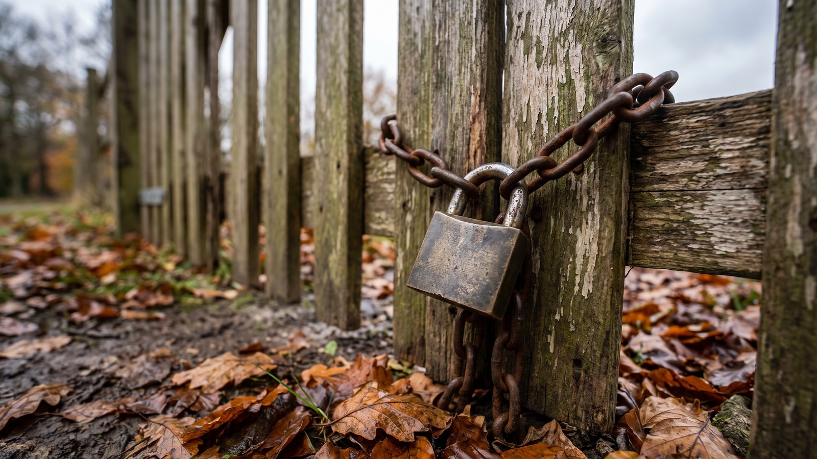 A heavy padlock and chain on a weathered wooden side gate, with autumn leaves on the ground