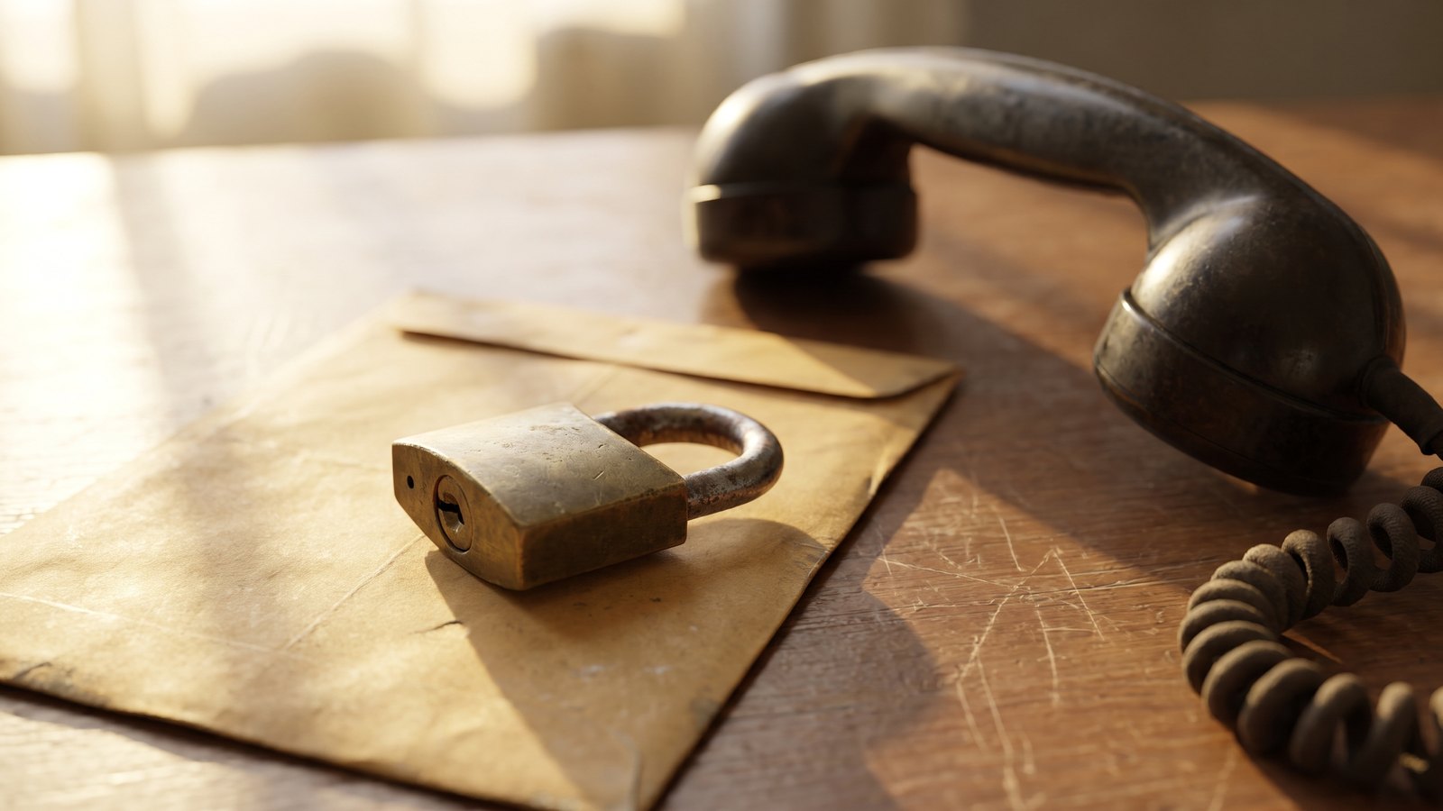 A brass padlock resting on a closed manila envelope on a wooden desk beside a corded desk telephone handset in warm light