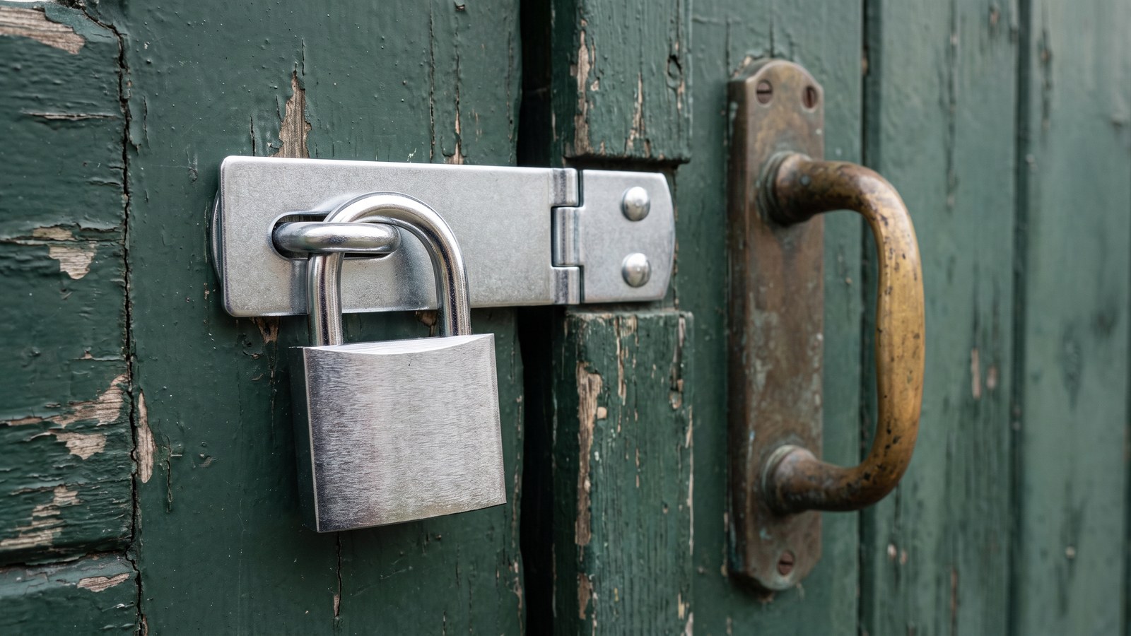 A new steel padlock and hasp fitted to a weathered green painted wooden door beside an aged brass handle
