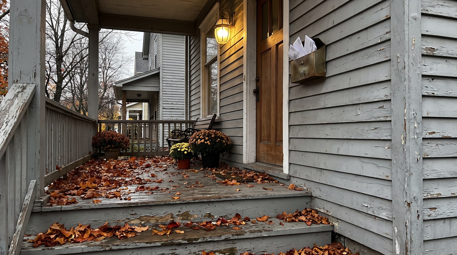 The front porch of an older grey clapboard house in autumn, with a wall-mounted metal mailbox holding envelopes, a lit porch lamp, potted mums and fallen leaves on the steps