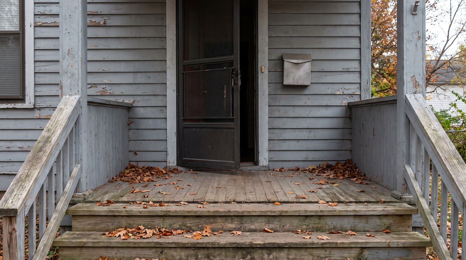 The front steps and small covered porch of a modest two-storey wood-frame house with weathered siding and a screen door standing slightly ajar