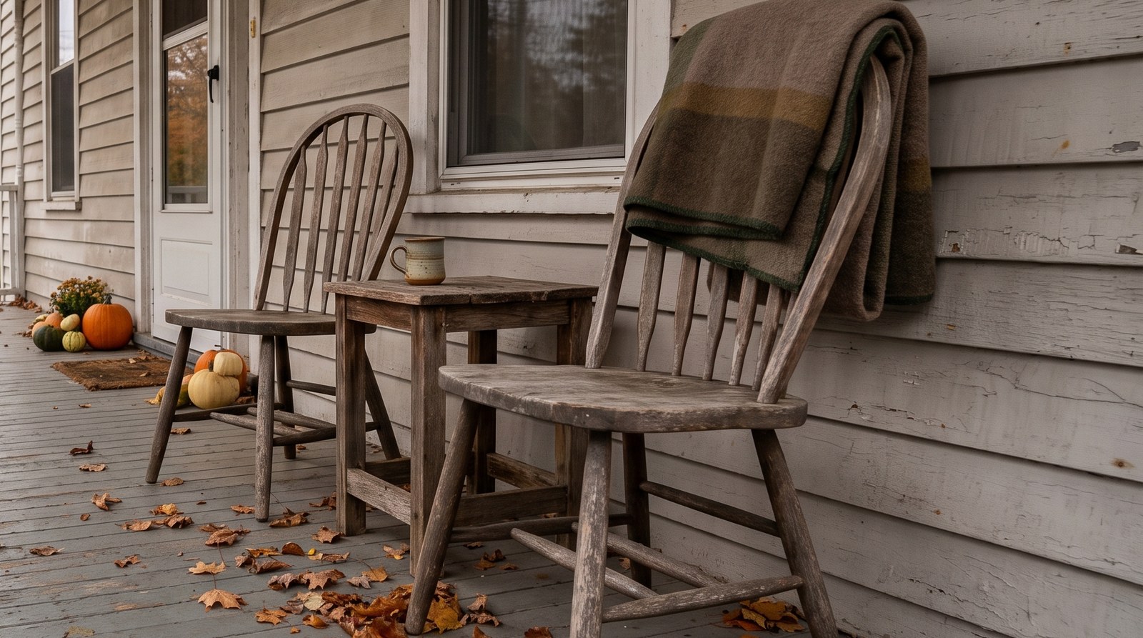 Two wooden chairs side by side on the covered front porch of an older house, one with a folded blanket over its back