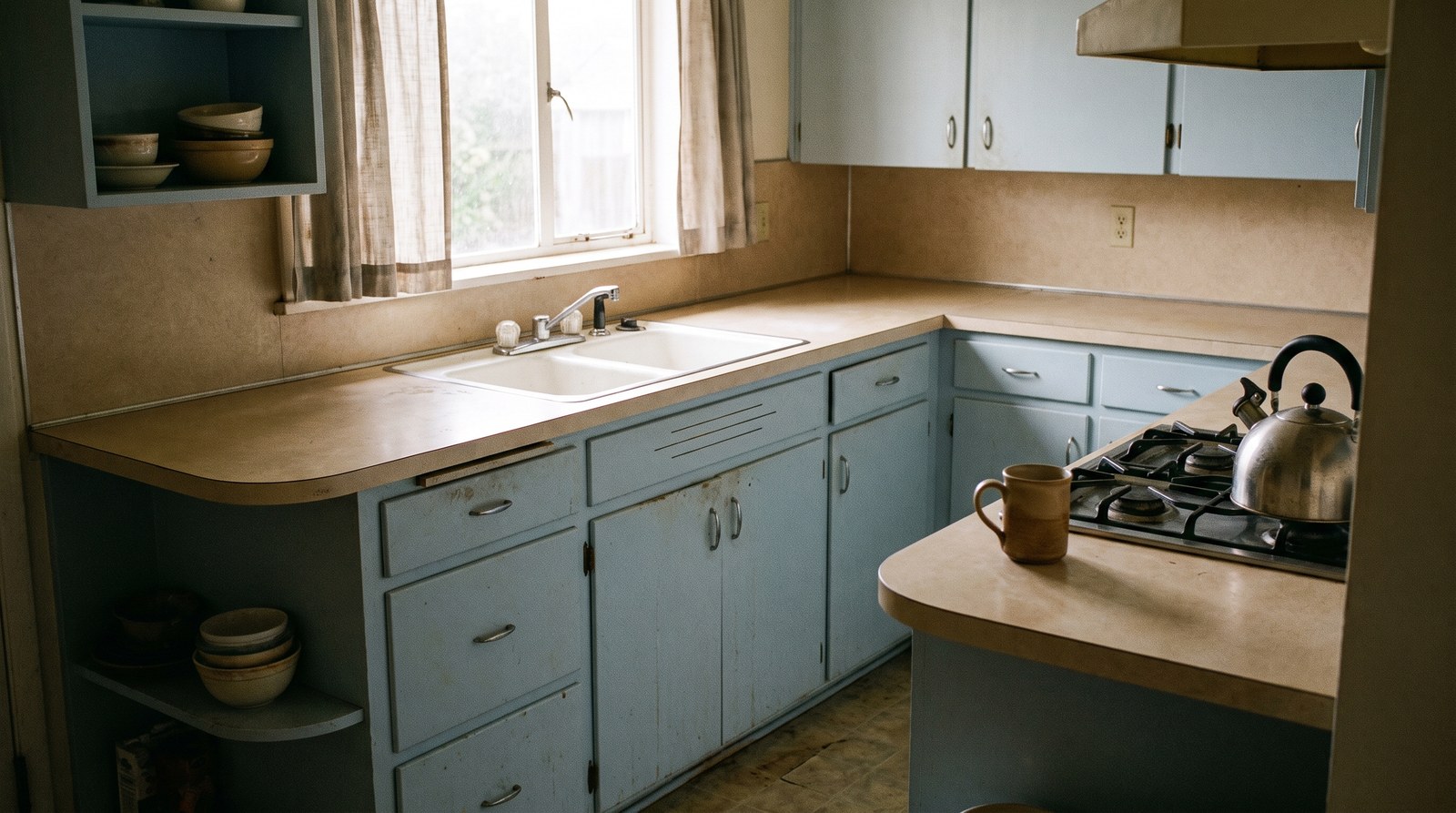 A tidy older kitchen in morning light with a single ceramic mug beside a kettle and a half-drawn curtain over the sink