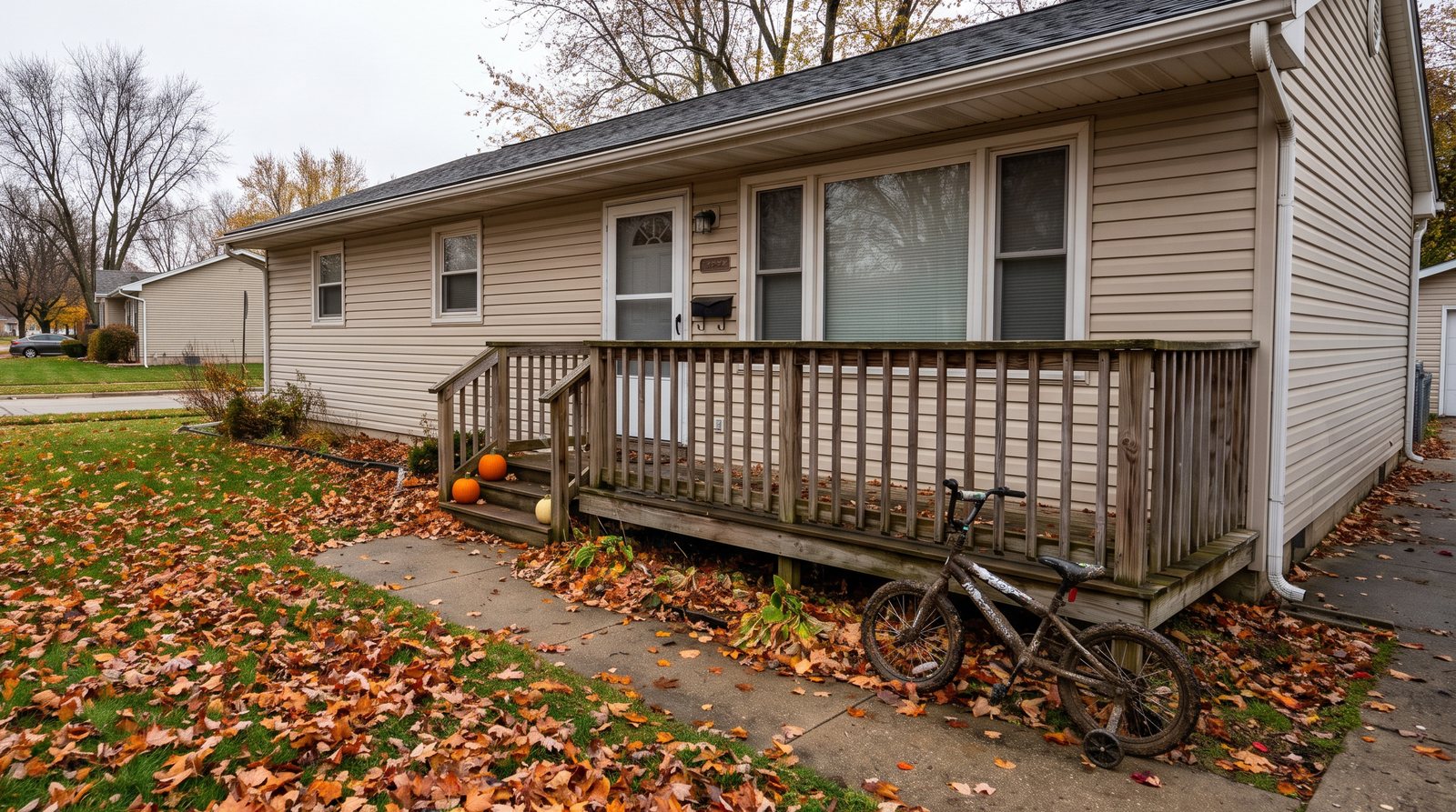 A modest single-story ranch house in a Northeast Ohio suburb in autumn, with a child's bicycle leaning against the wooden porch, small pumpkins on the steps and leaves on the lawn