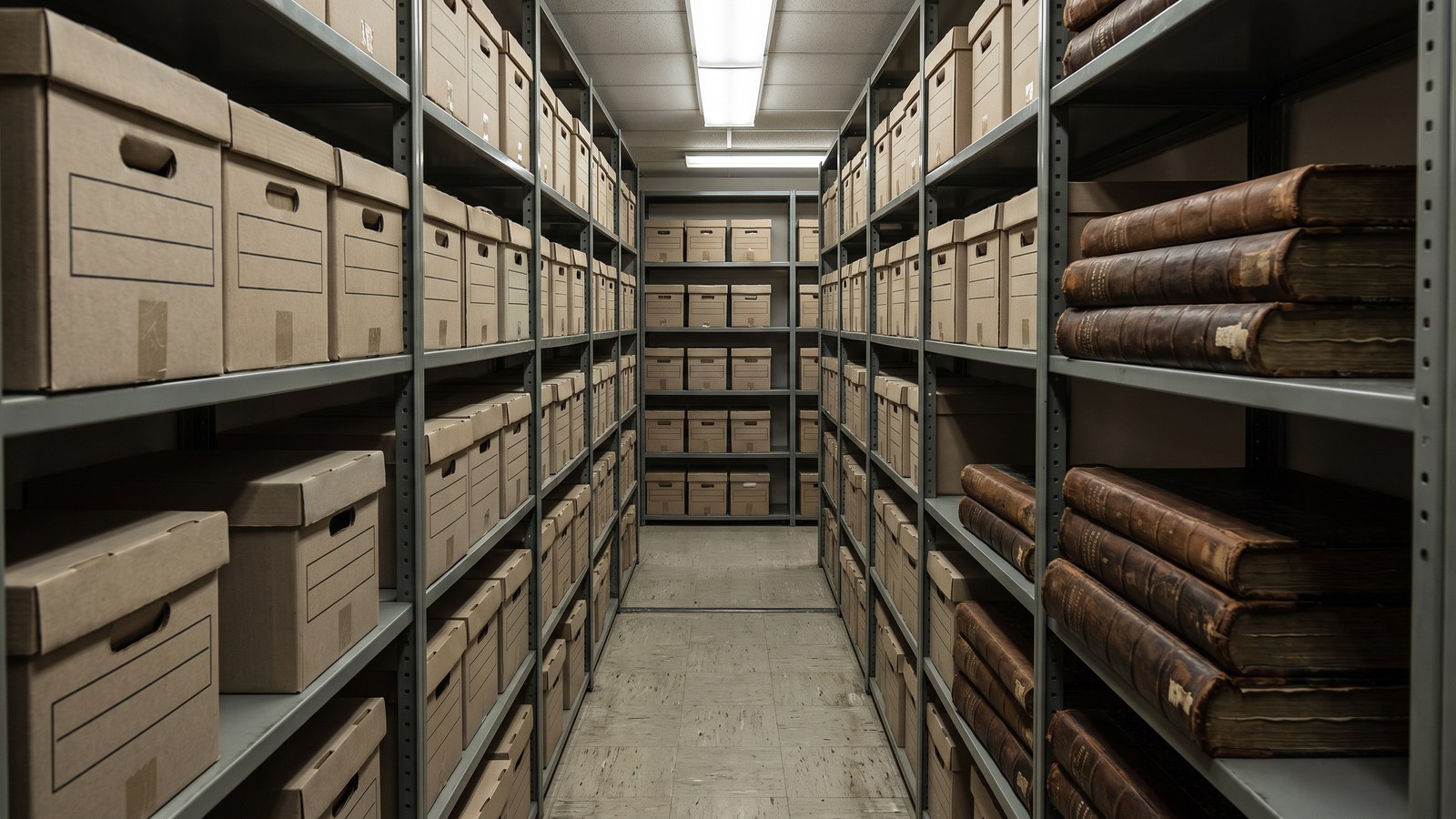 A public records storage room with metal shelving full of plain archive boxes and bound ledgers