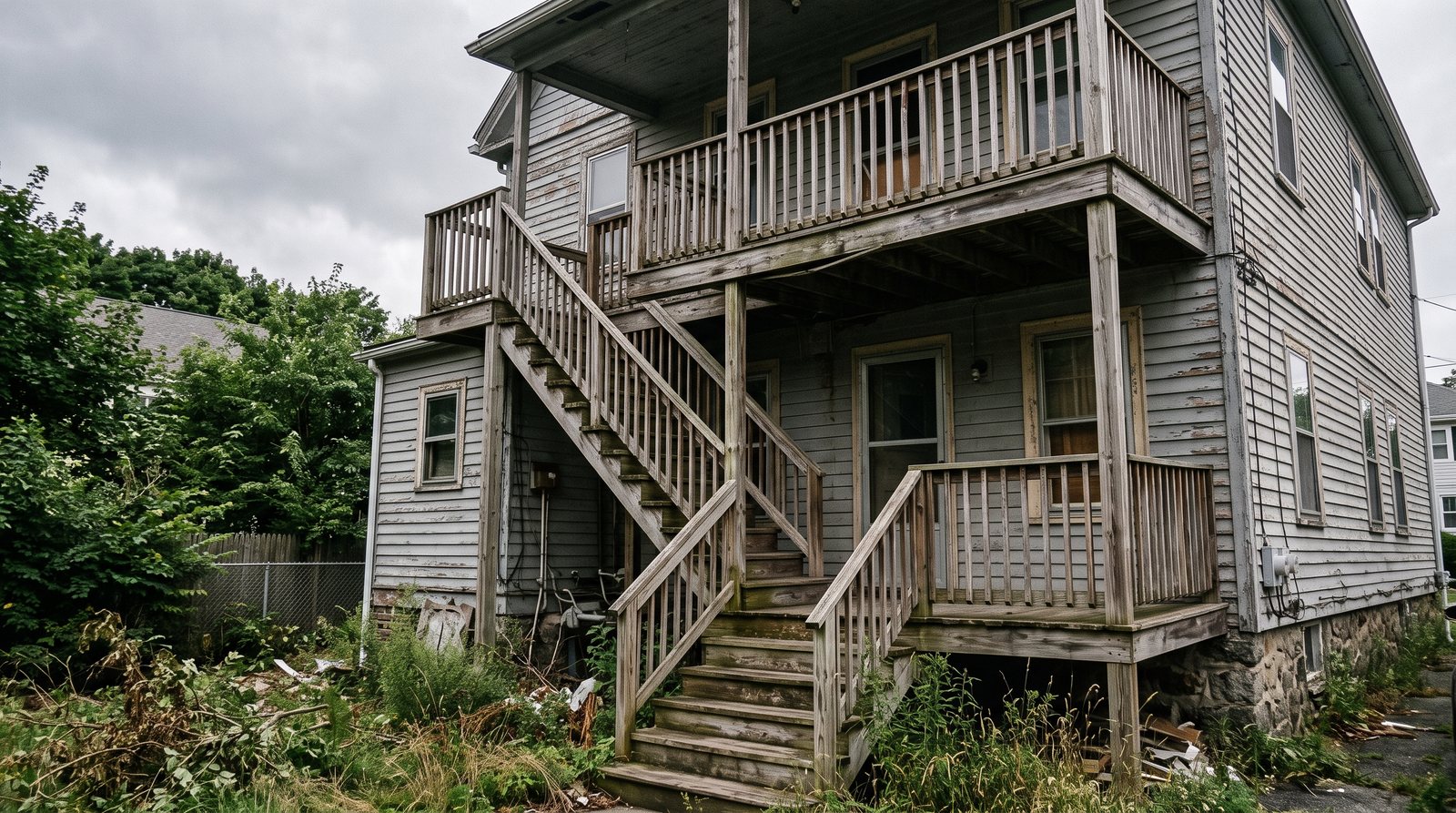 The rear of an older two-family wooden house with a sagging back porch, weathered stair landings and peeling paint