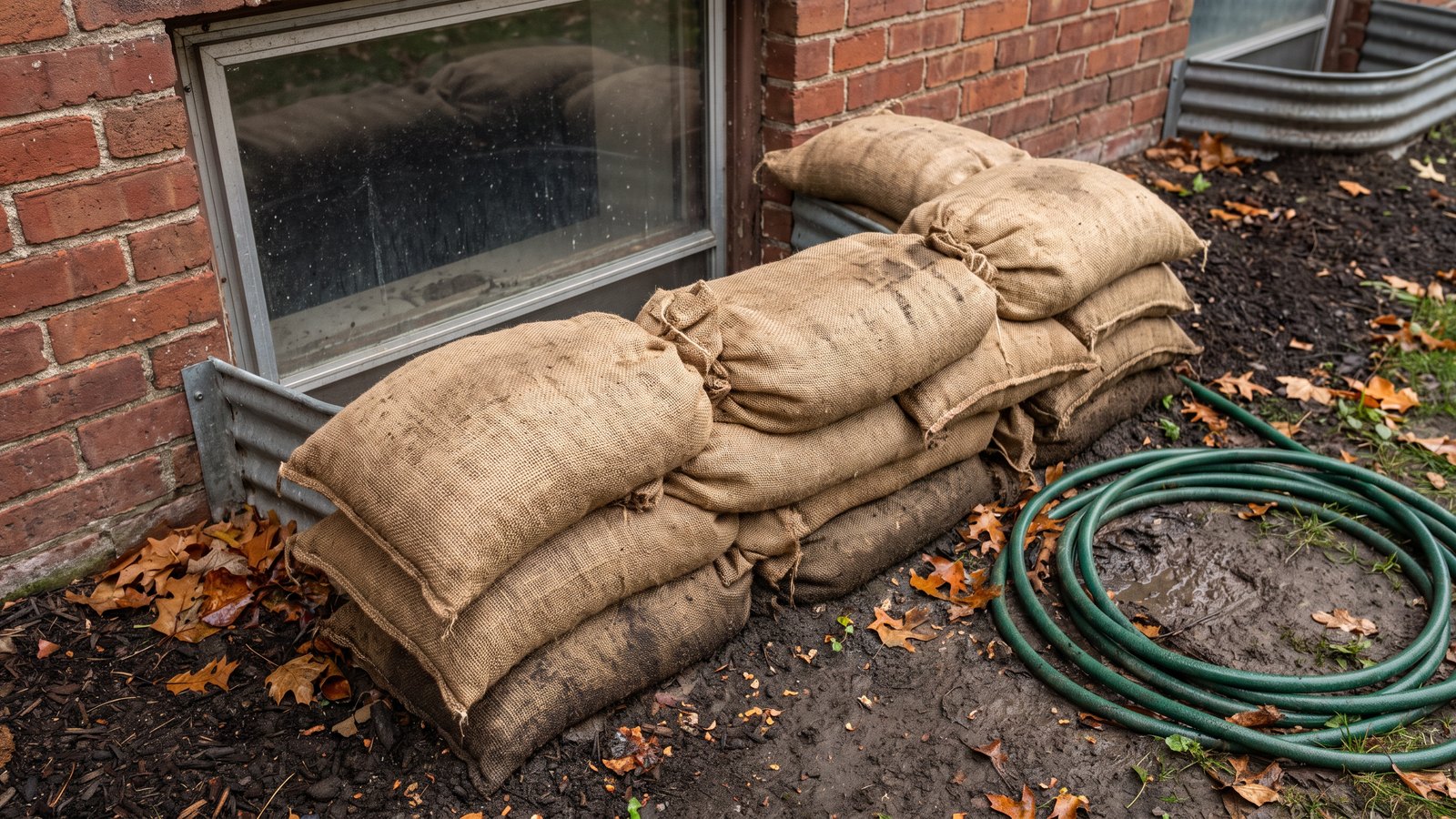 A stack of tan burlap sandbags piled against a basement window well of a brick house, with wet ground, fallen leaves and a coiled garden hose