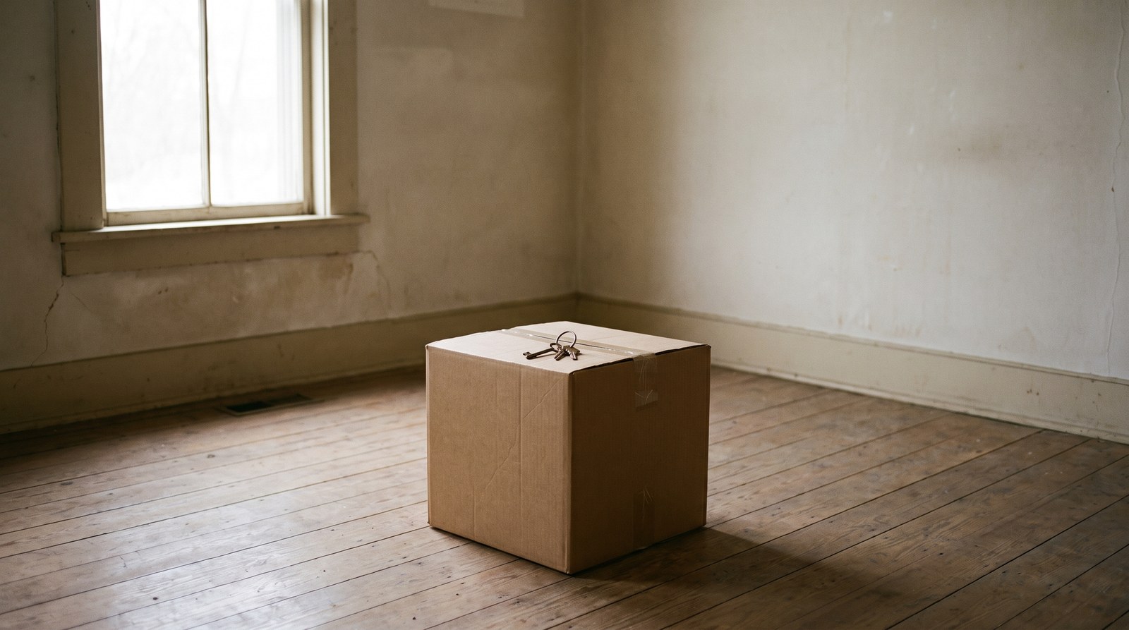 A single sealed moving box with a set of house keys on top, alone on bare floorboards in an empty room