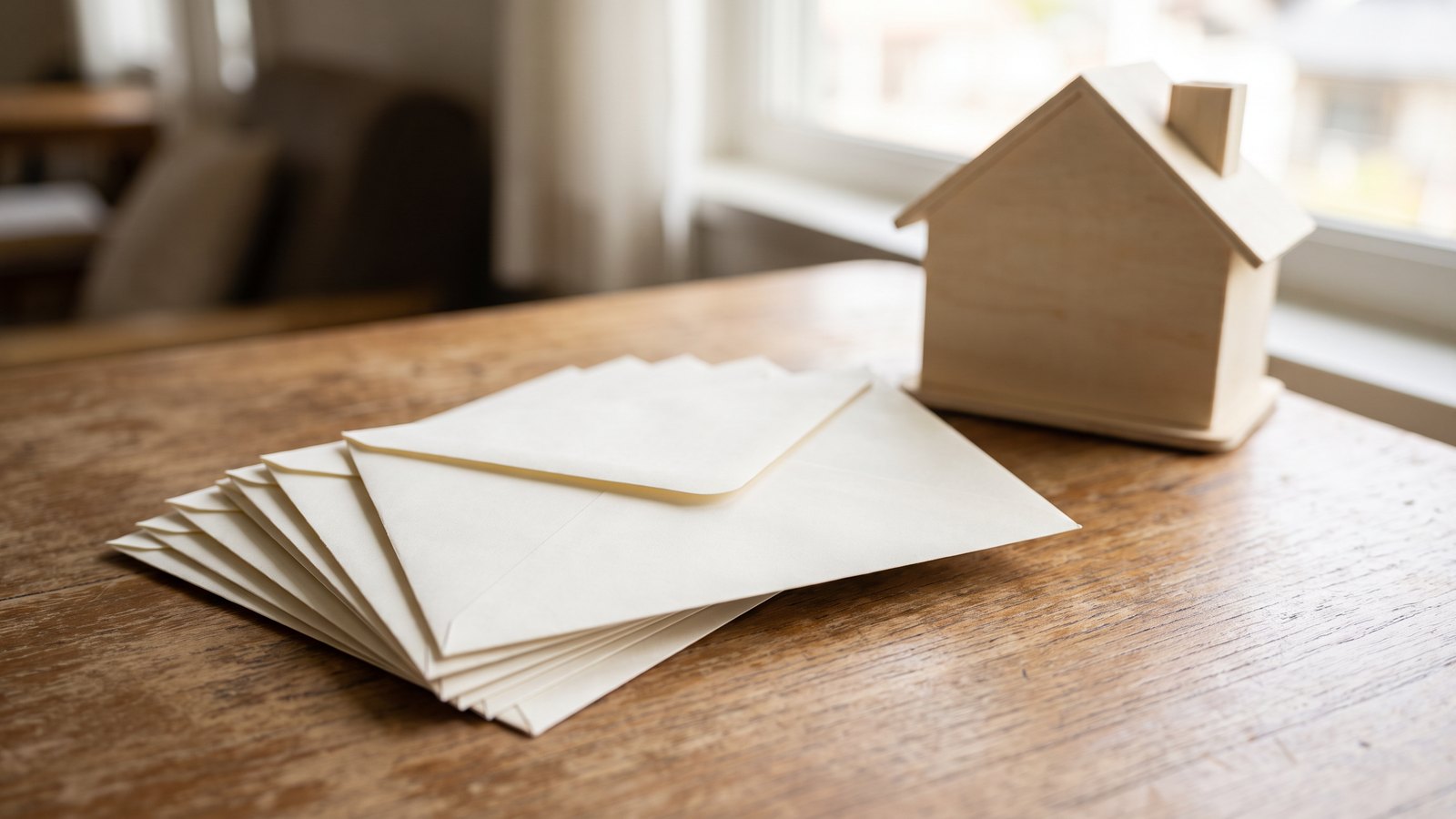A fanned stack of plain cream envelopes on a wooden table beside a small unpainted wooden house model in soft window light