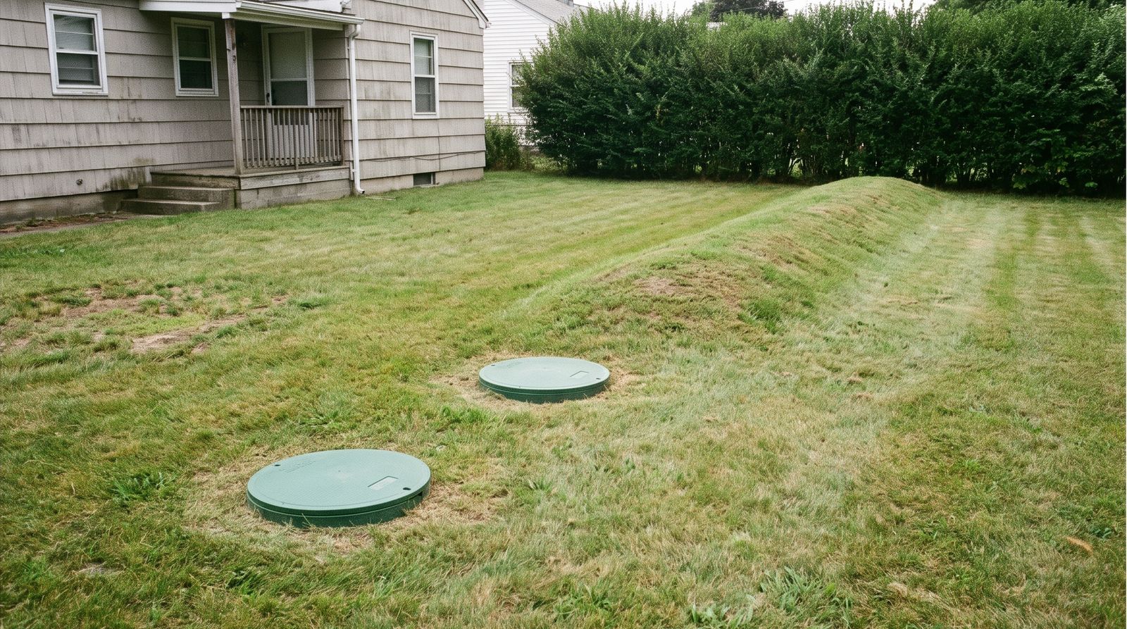 Two round green septic inspection lids set flush in a mown back lawn with a low grassy mound beyond