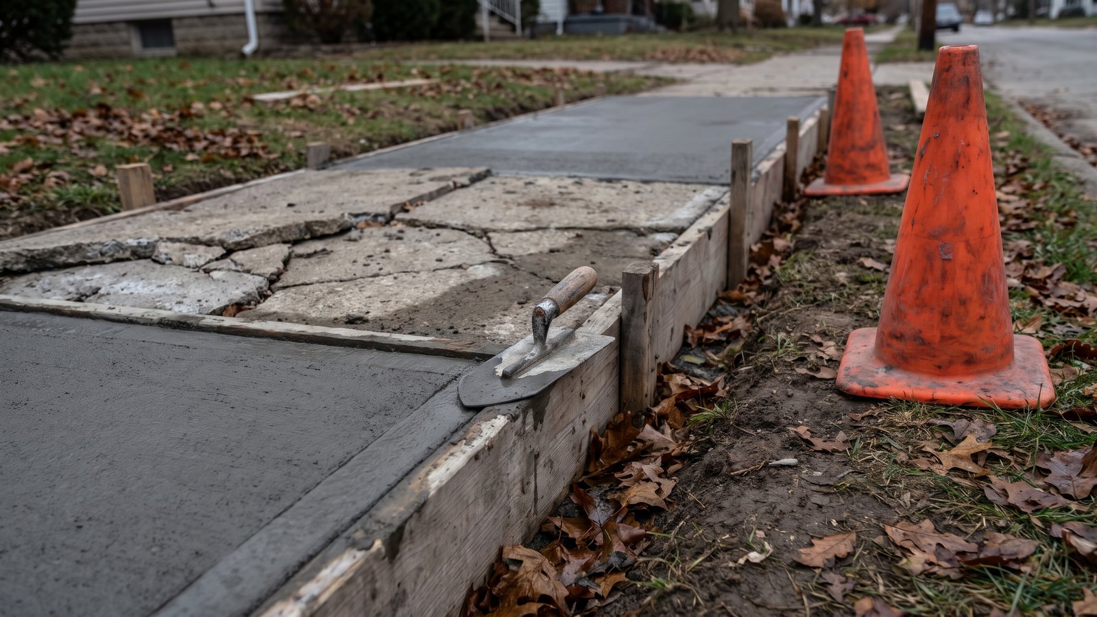 A section of freshly poured concrete sidewalk in wooden forms next to old cracked slabs, with a trowel on the edge and orange traffic cones on the grass
