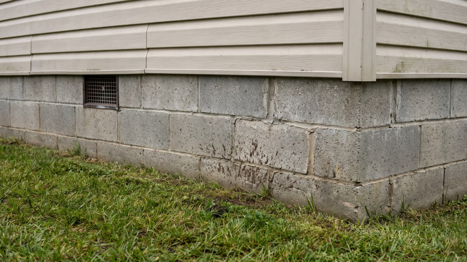 The base of a manufactured home where vinyl siding meets grey concrete block skirting set into the ground