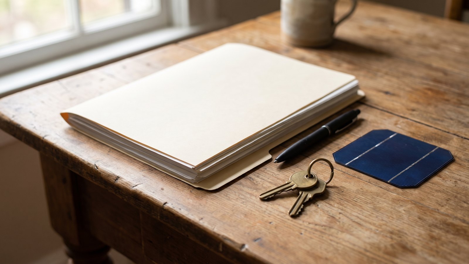 A single blue solar cell on a worn wooden table beside a manila folder of papers, a pen and a set of house keys in window light
