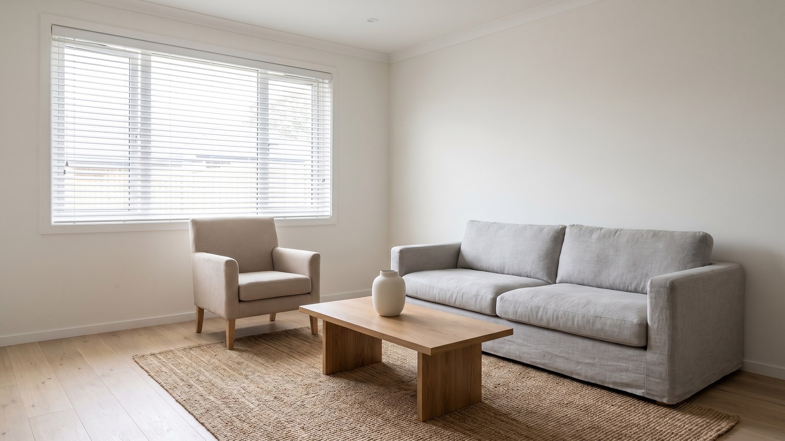 A sparsely staged living room prepared for viewing with a neutral grey sofa, a single armchair, a plain rug and an empty vase on a low table