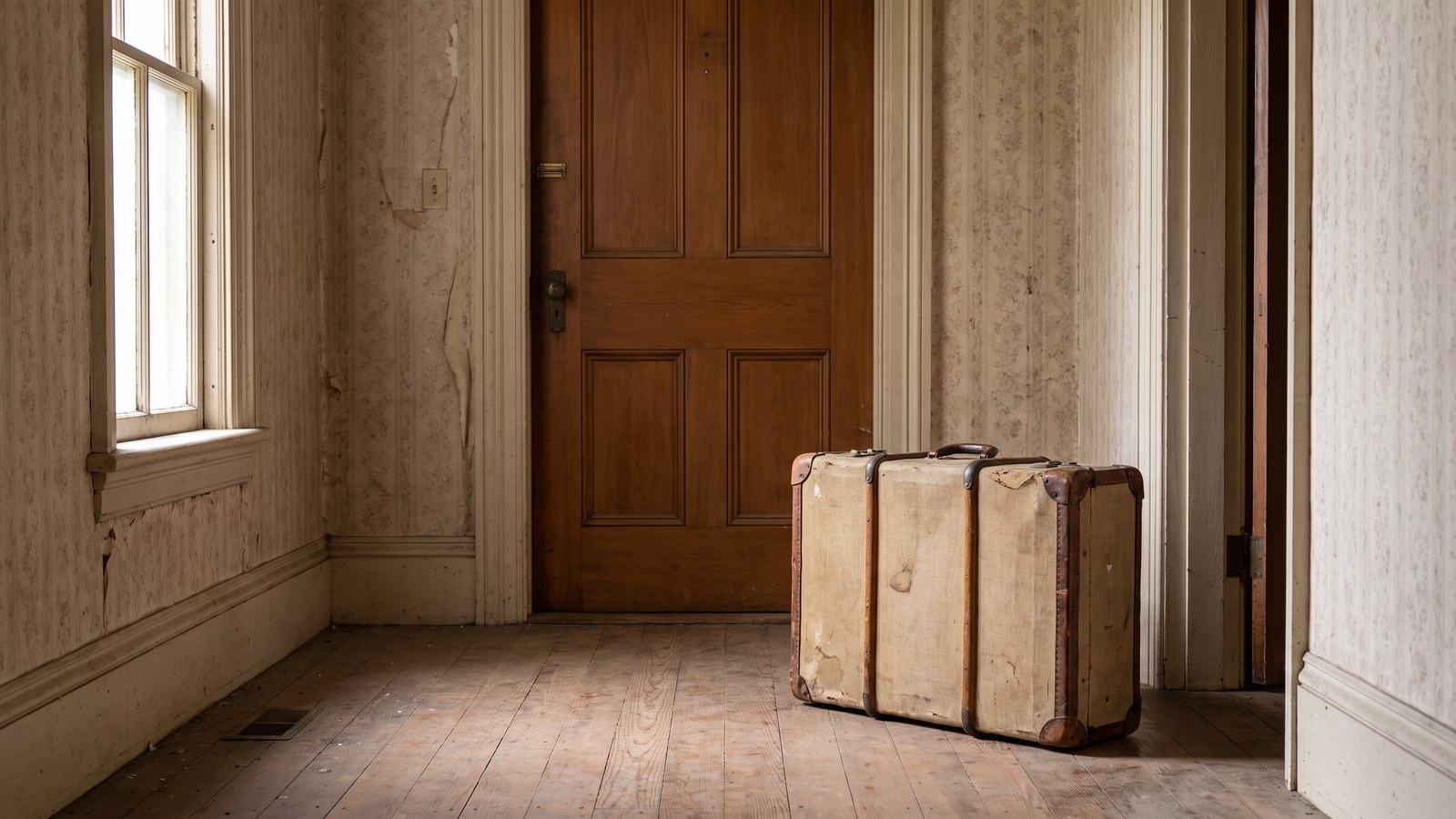 An old canvas and leather suitcase standing near the closed front door in the empty hallway of an older house, with worn wallpaper, a wood floor and daylight from a side window