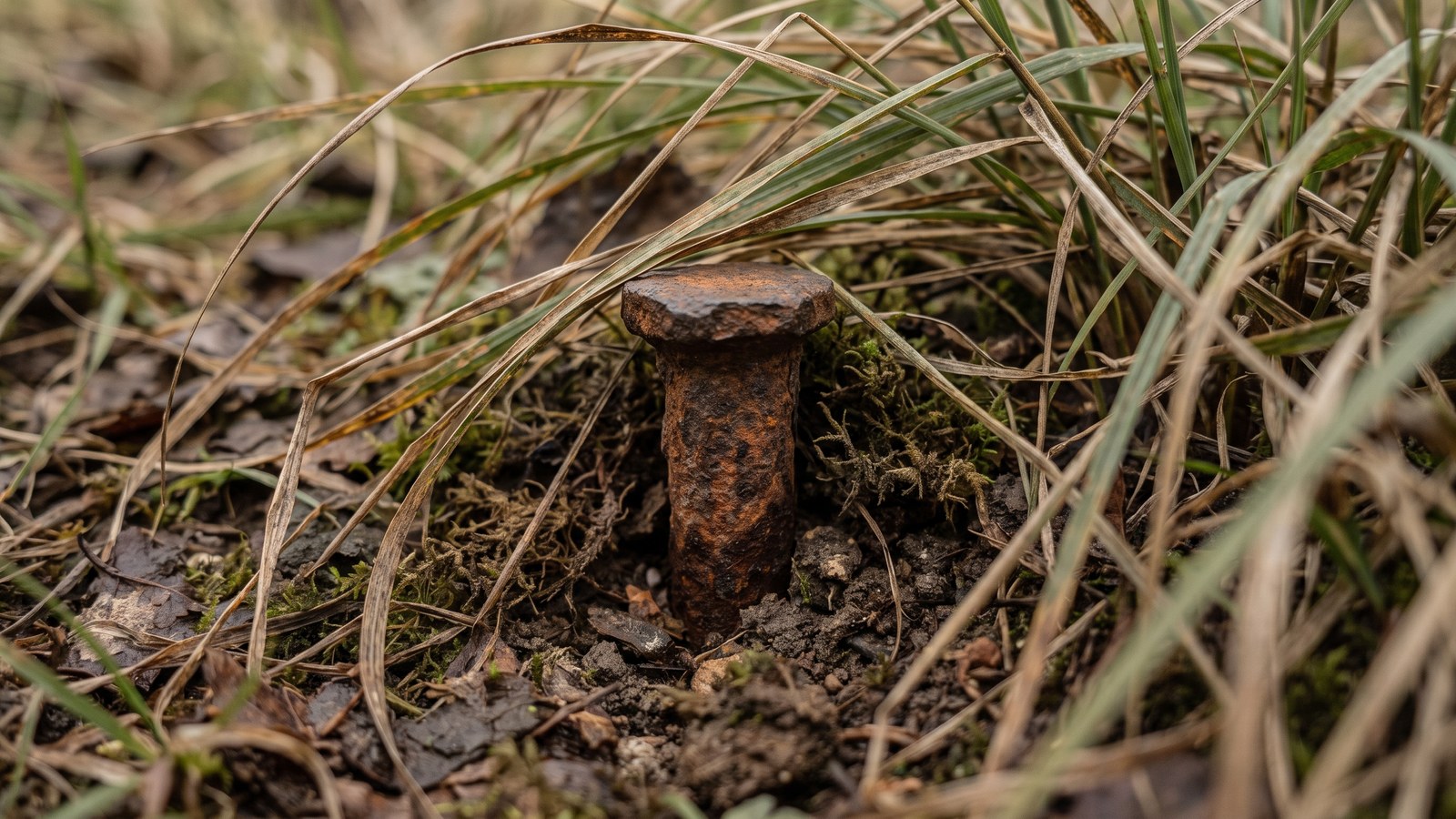 A rusted iron survey marker pin set flush in long grass at a property corner with soil and moss gathered around its head