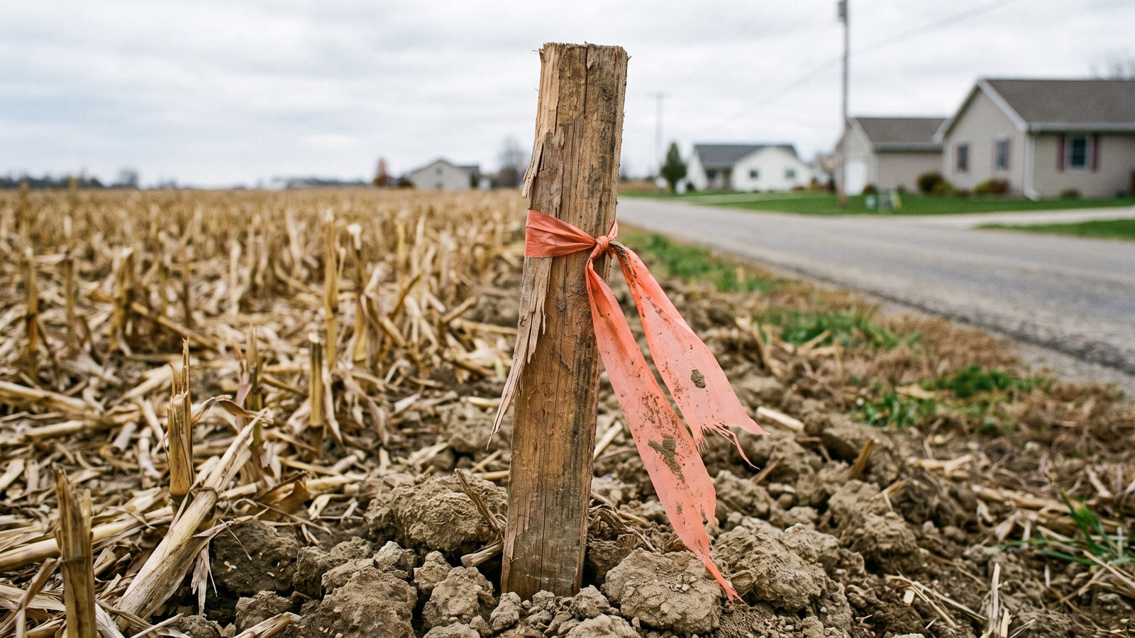 A weathered wooden stake tied with an orange ribbon at the edge of a harvested cornfield, with a road and newer suburban houses in the background