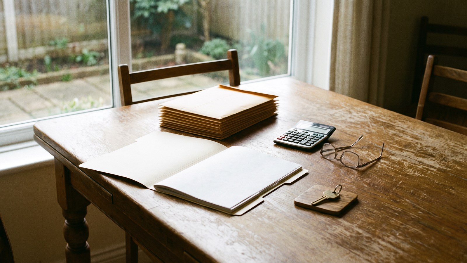 An old wooden dining table by a window with a stack of unopened envelopes, an open folder of blank papers, a calculator, reading glasses and a house key on a wooden key tag