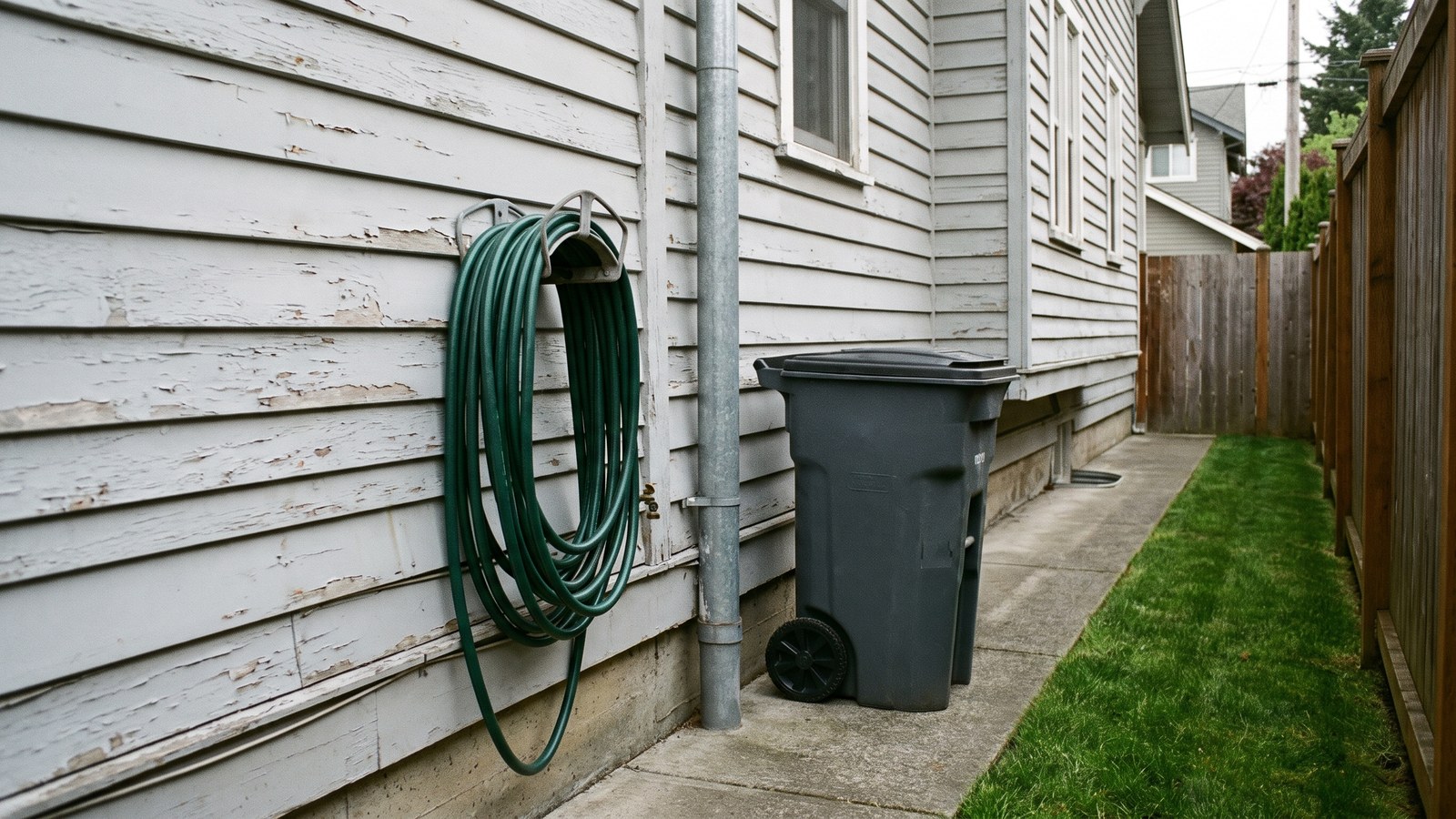A tidy narrow side yard beside a clapboard house with a garden hose coiled on a wall bracket and a closed wheeled bin