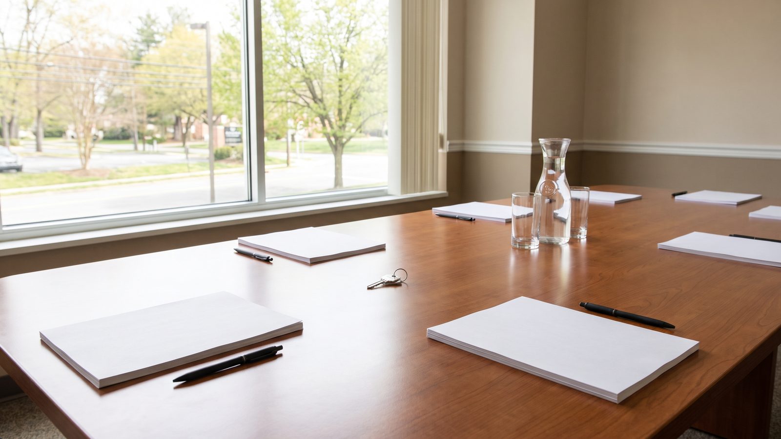 An empty conference table in a title office with neat stacks of blank paper, pens, a house key and a water carafe in window light
