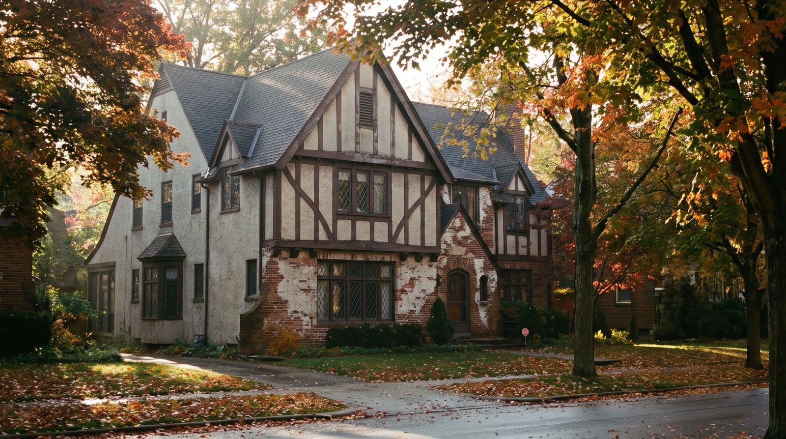 An older Tudor-style house with a steep gabled roof and a stucco and brick front on a quiet tree-lined street in autumn