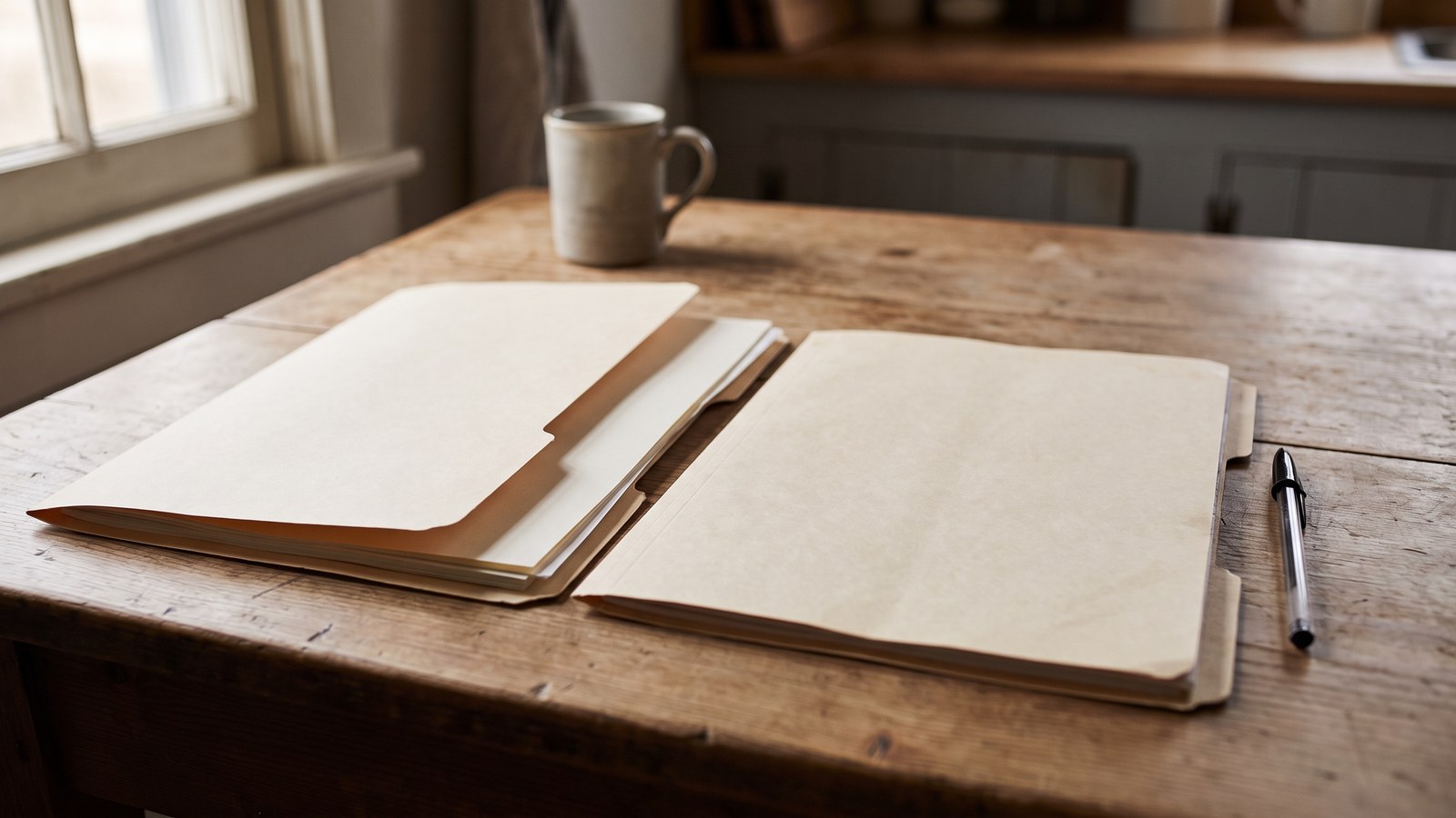 Two plain unmarked document folders lying open side by side on a wooden kitchen table with a pen
